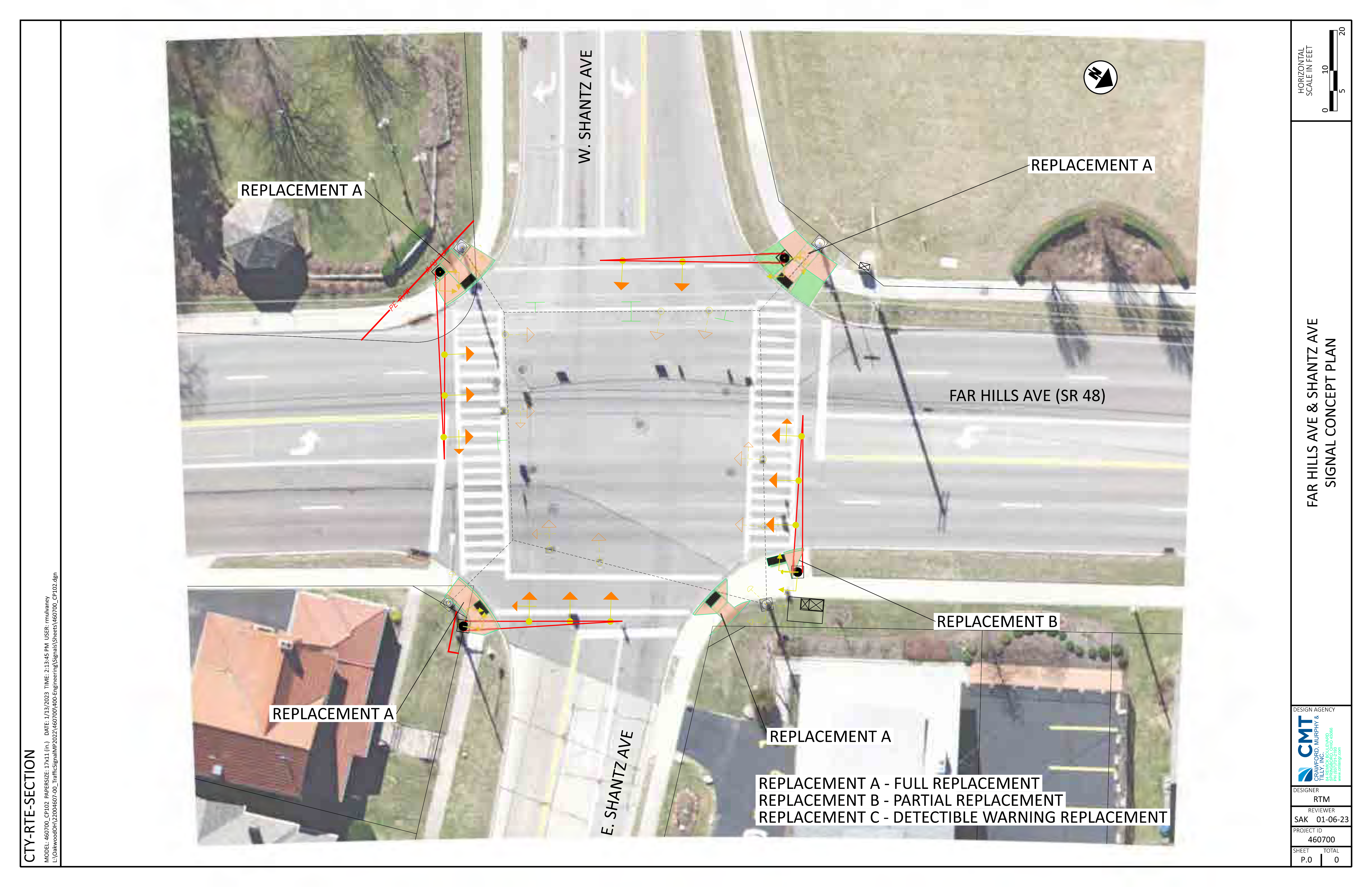 Signal concept plan for Far Hills Ave and Shantz Ave showing the aerial intersection plan, roadway geometry, signal equipment, replacement callouts, pavement markings, scale, north arrow, and title block.