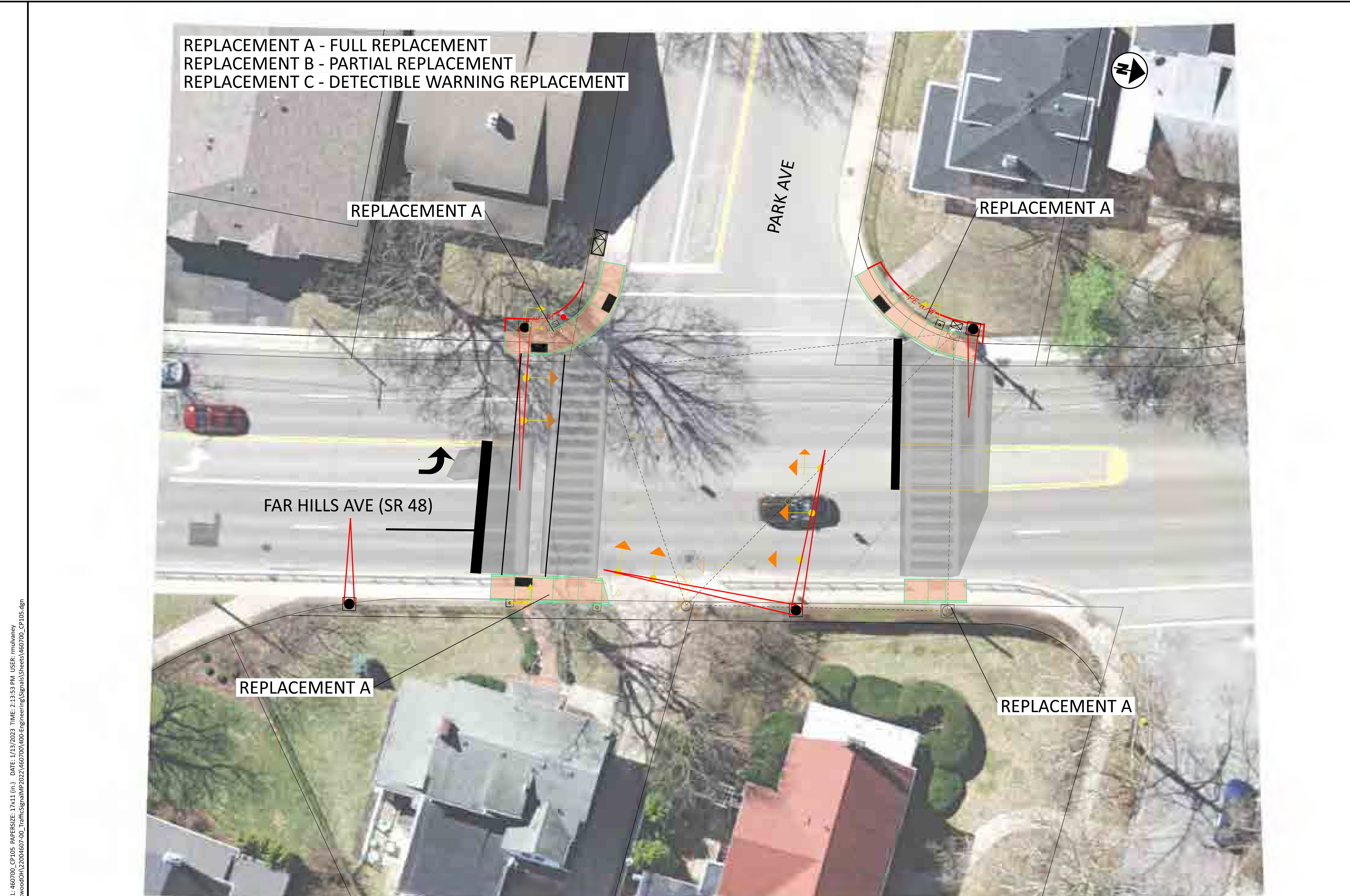 Far Hills Ave (SR 48) and Park Ave Signal Concept Plan aerial map view showing intersection layout, signal heads, crosswalks, right-of-way lines, and replacement locations.