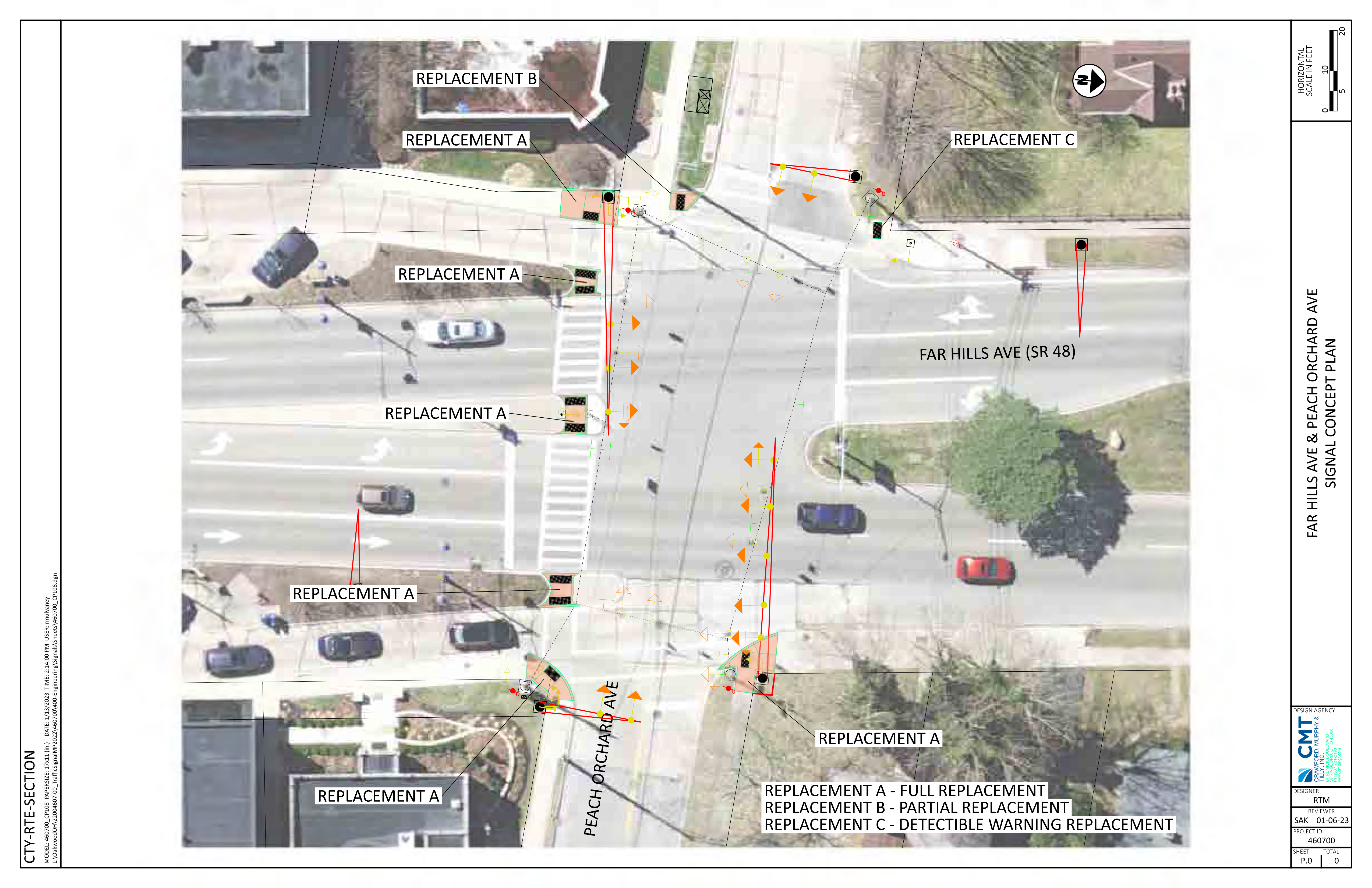 Aerial intersection signal concept plan showing roadway geometry, signal equipment, arrows, construction markings, callouts, replacement annotations, a north arrow, and a legend.