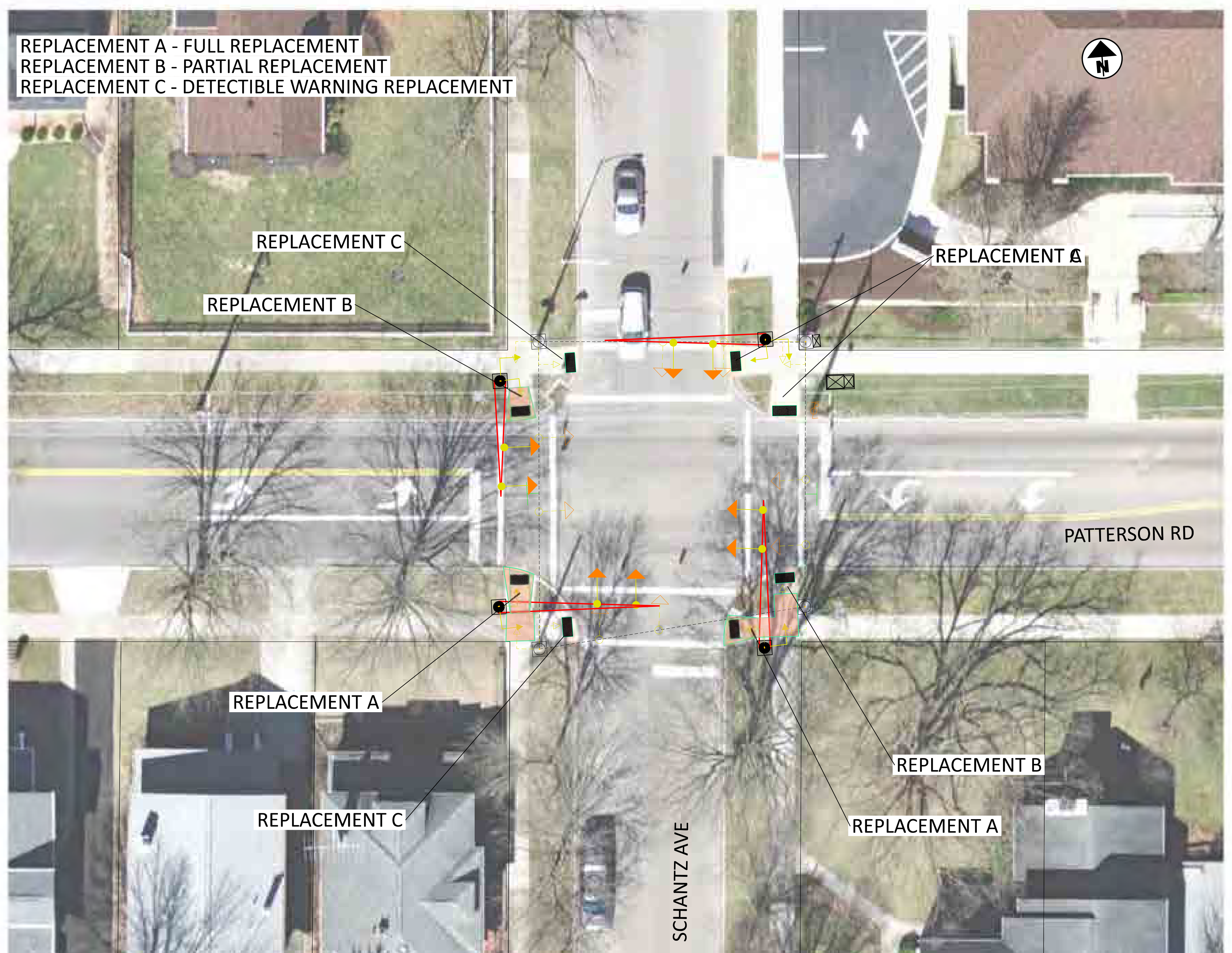 Schantz Ave and Patterson Rd Signal Concept Plan showing intersection aerial layout, replacement markers A, B, and C, street labels, and north compass arrow