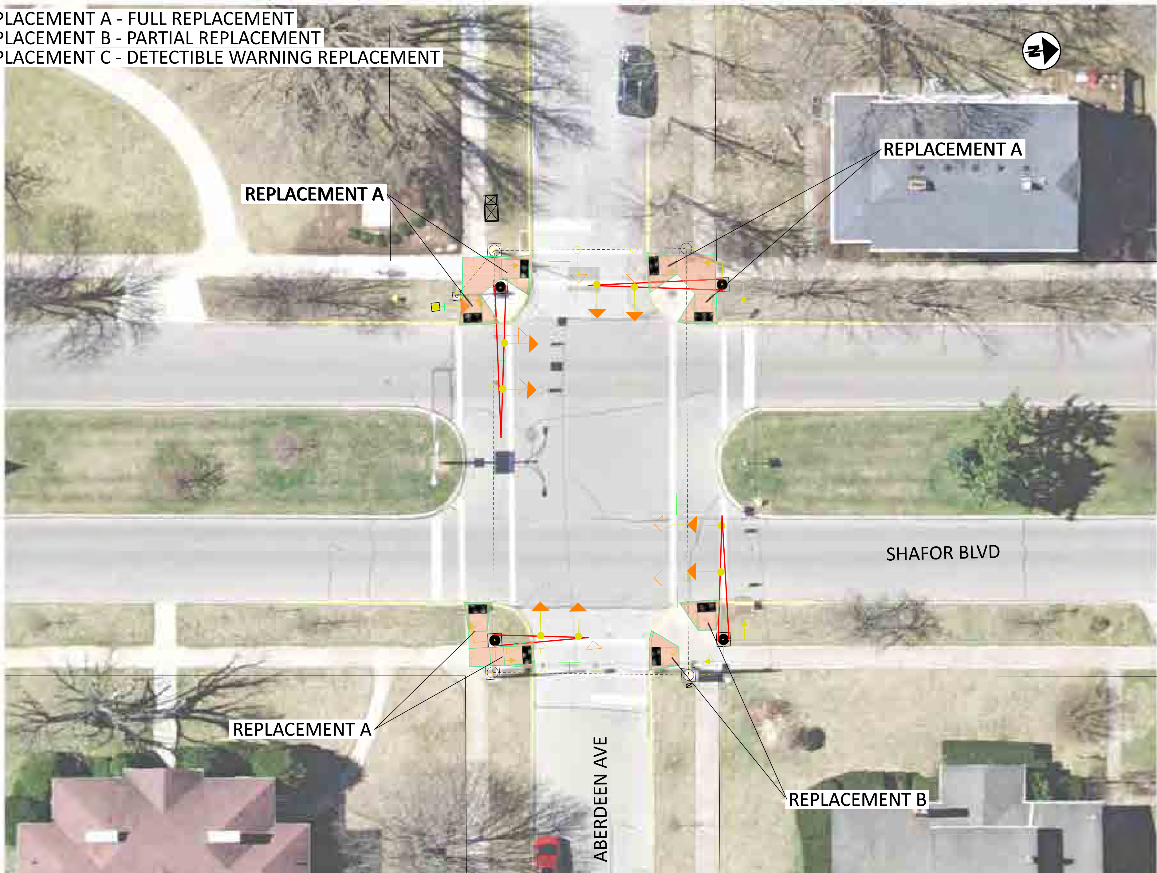 Shafor Blvd & Aberdeen Ave Signal Concept Plan aerial map diagram showing replacement areas and signal layout