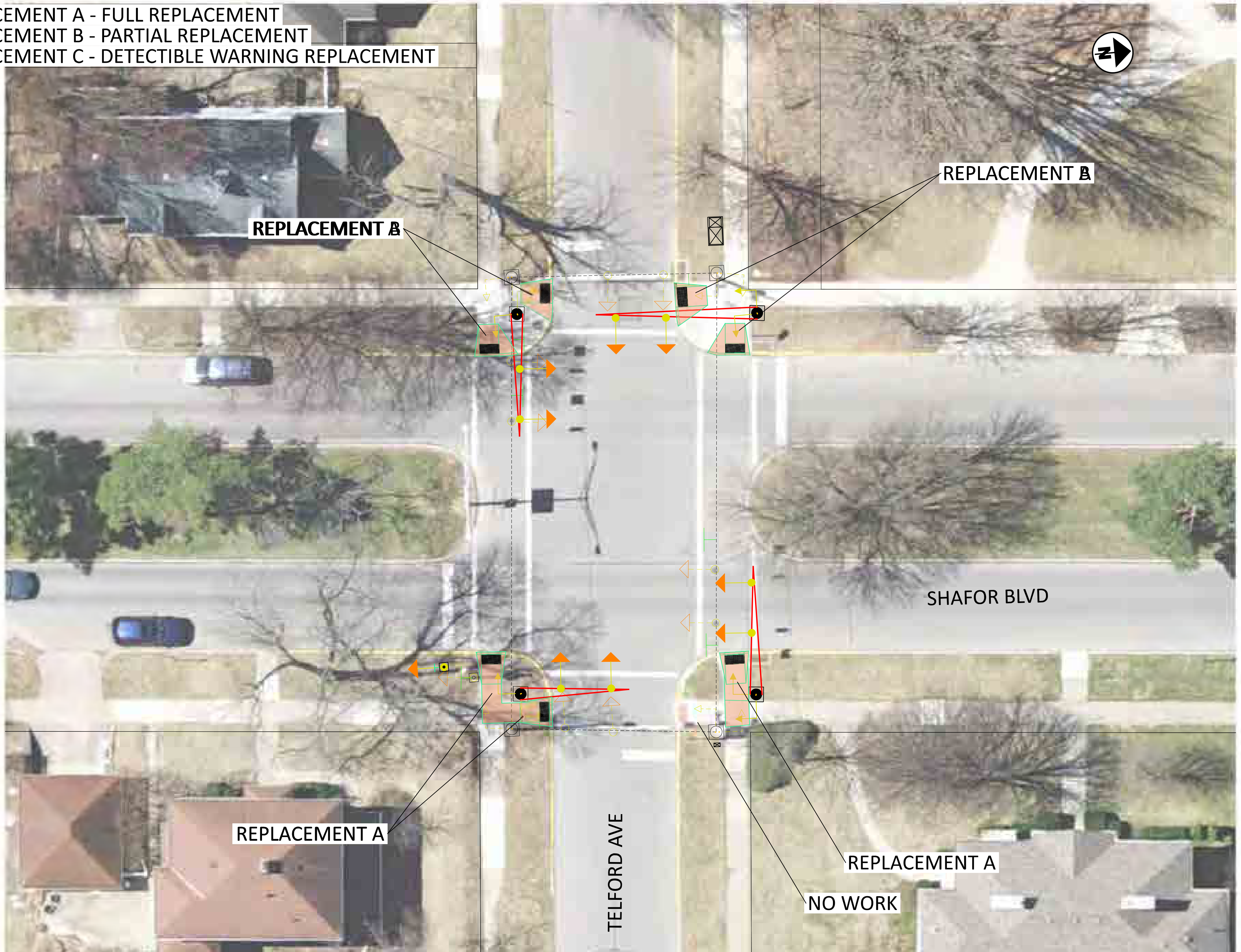 Shafor Blvd and Telford Ave Signal Concept Plan Aerial Map Diagram showing intersection layout, signal head replacements, pedestrian ramps, and curb modifications.