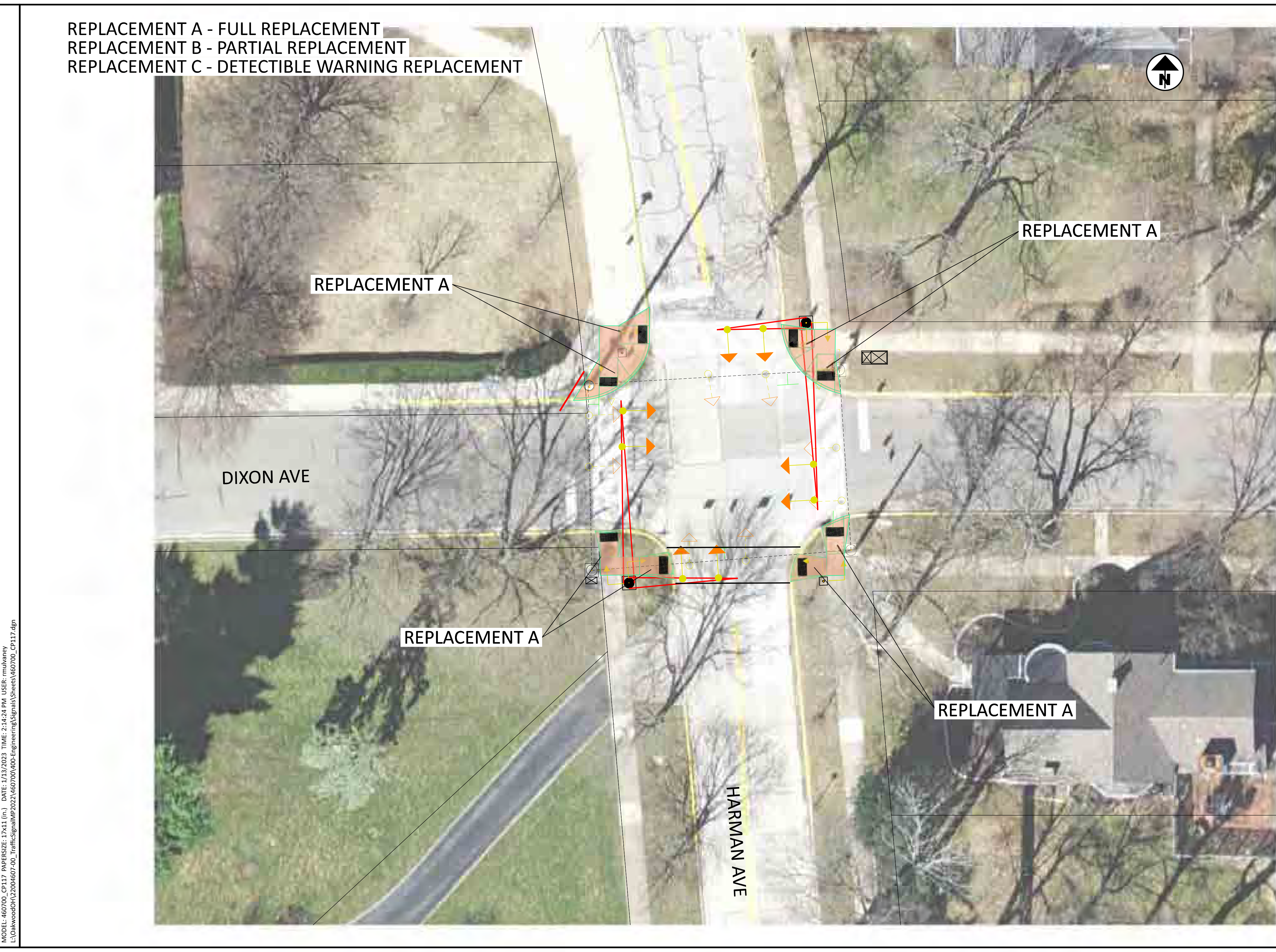 Harman Ave & Dixon Ave Signal Concept Plan diagram showing aerial view of intersection with signal replacement locations