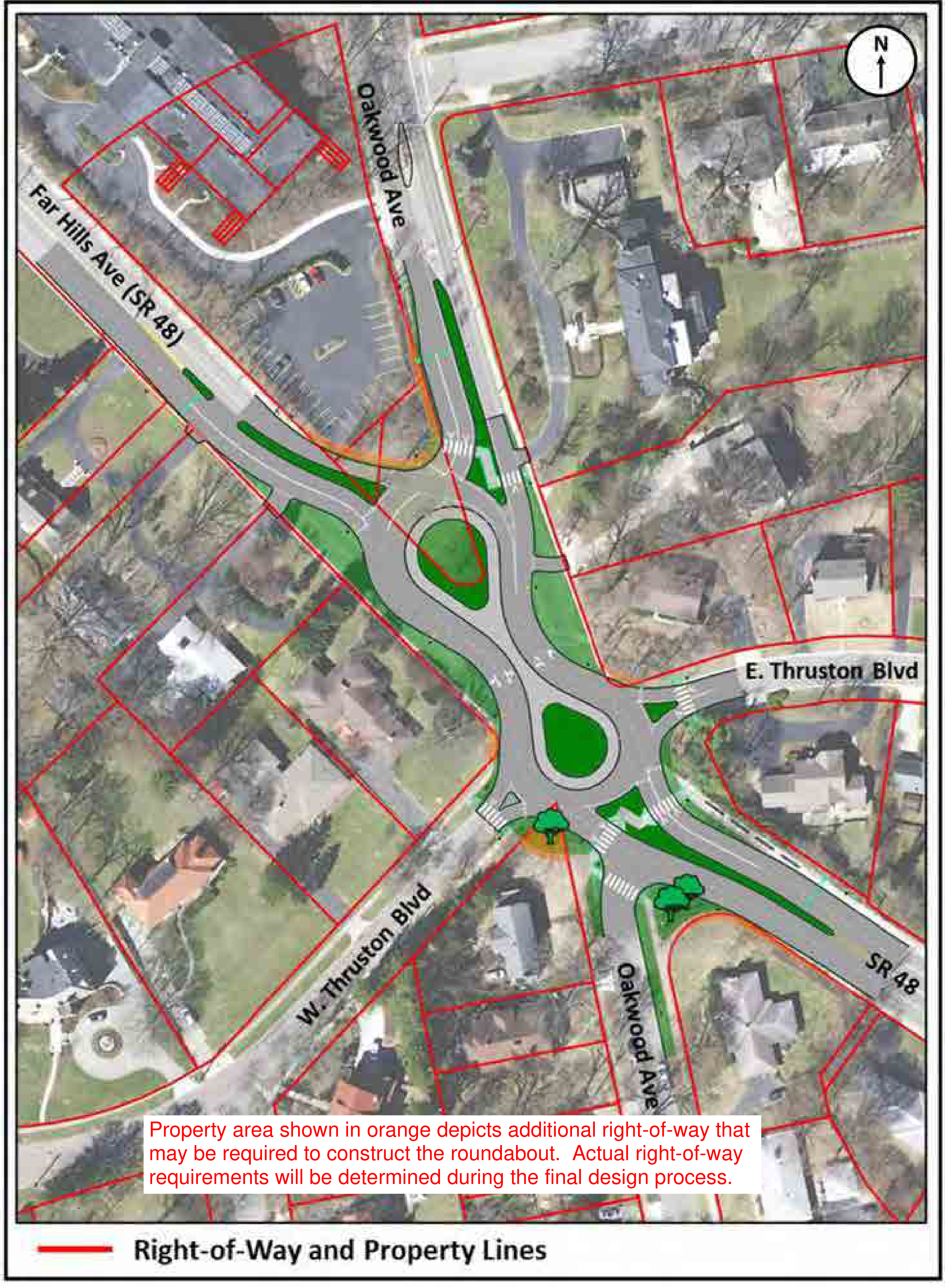 Map of property impacts for proposed roundabout construction at Far Hills Ave, Oakwood Ave, E. Thruston Blvd, and W. Thruston Blvd.