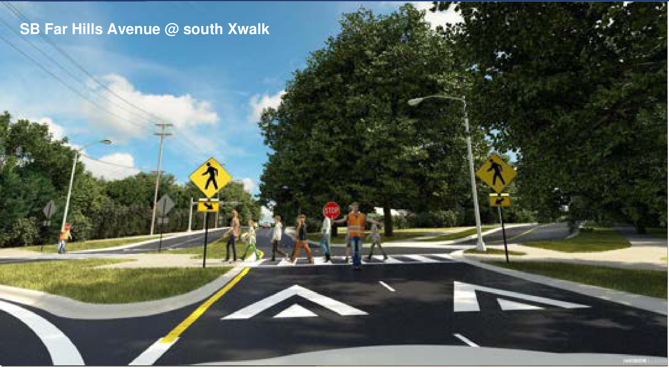 SB Far Hills Avenue @ south Xwalk rendering showing pedestrian crosswalk with Rectangular Rapid-Flashing Beacons