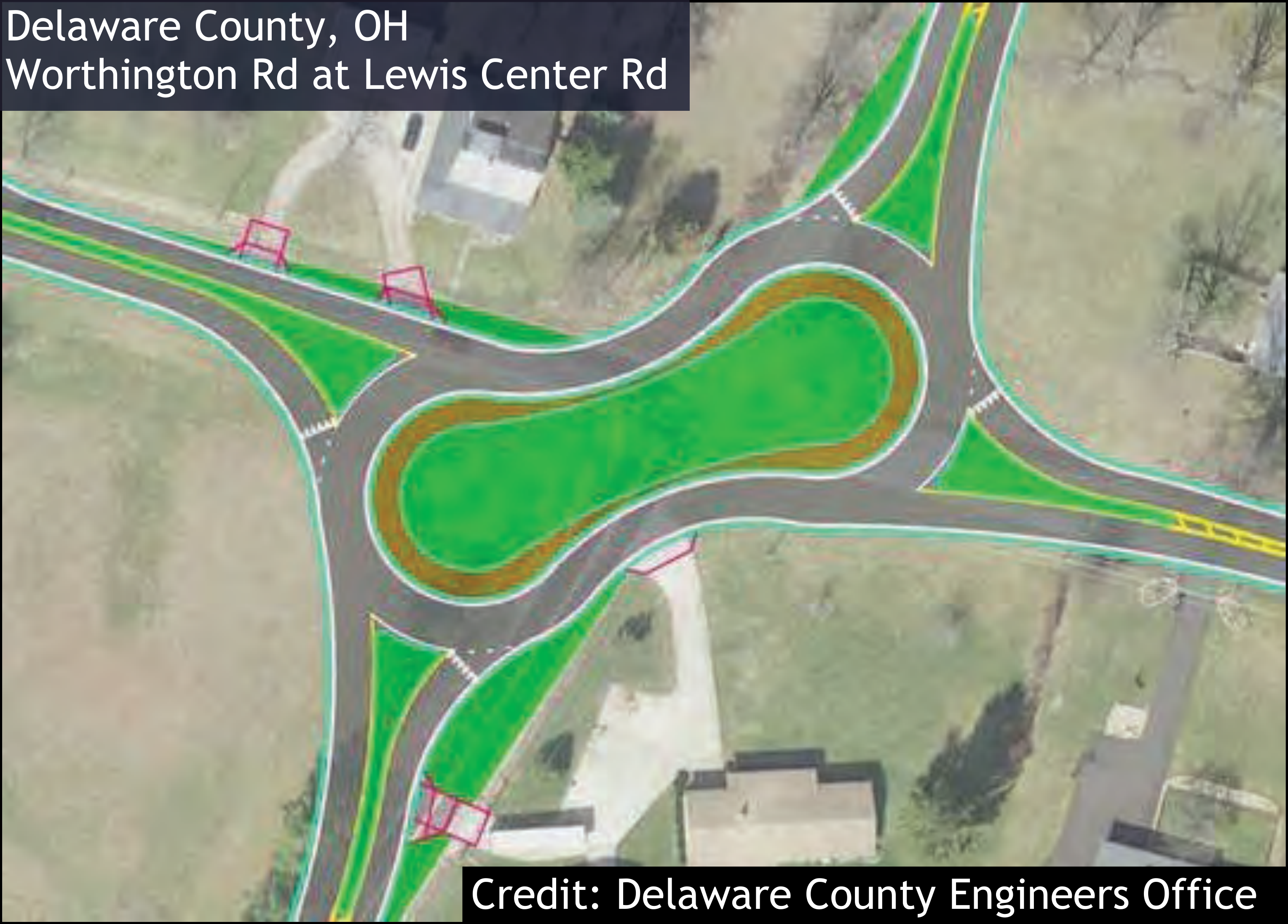 Aerial view of peanut-shaped roundabout at Worthington Rd and Lewis Center Rd in Delaware County, OH