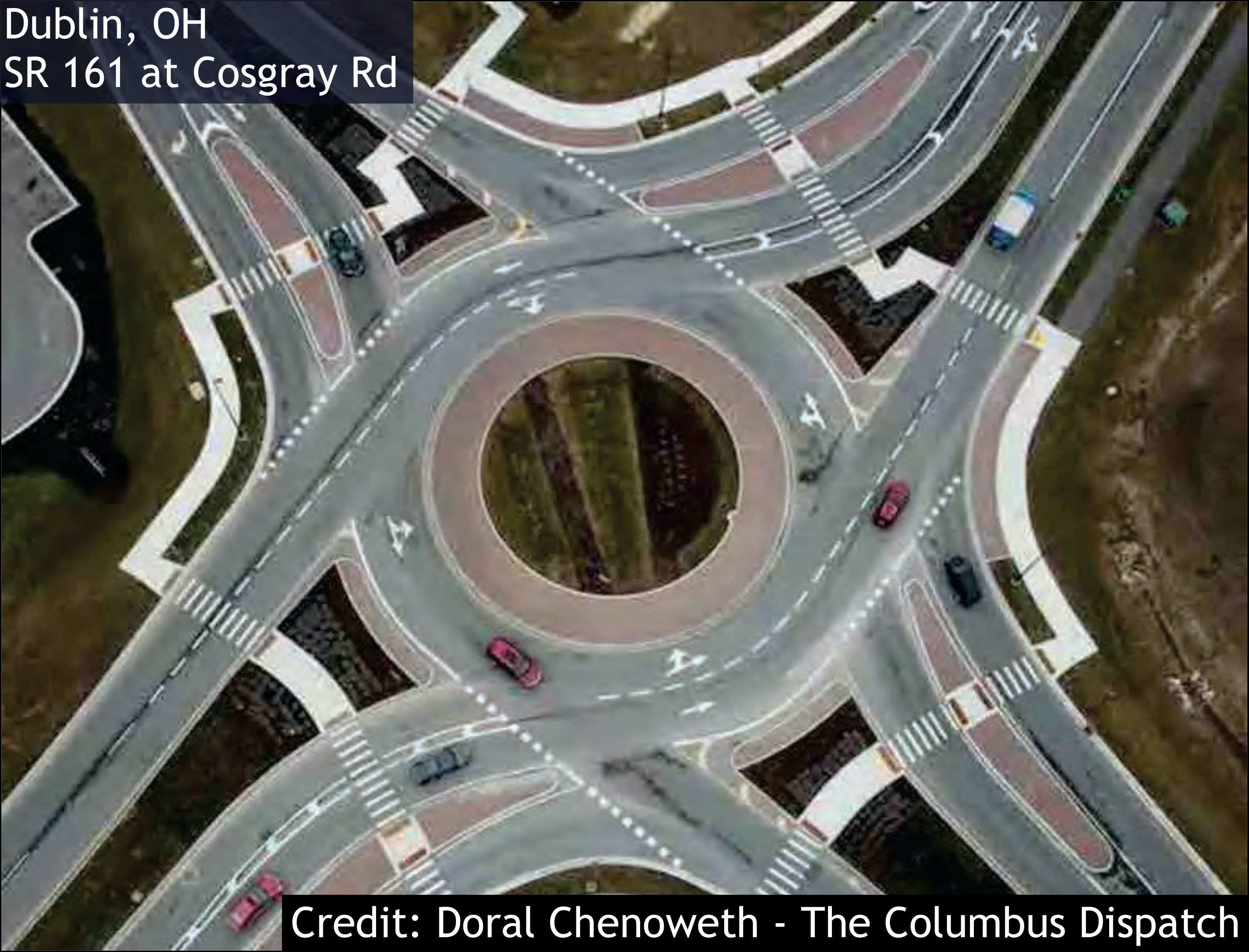 Aerial view of roundabout at SR 161 and Cosgray Rd in Dublin, OH