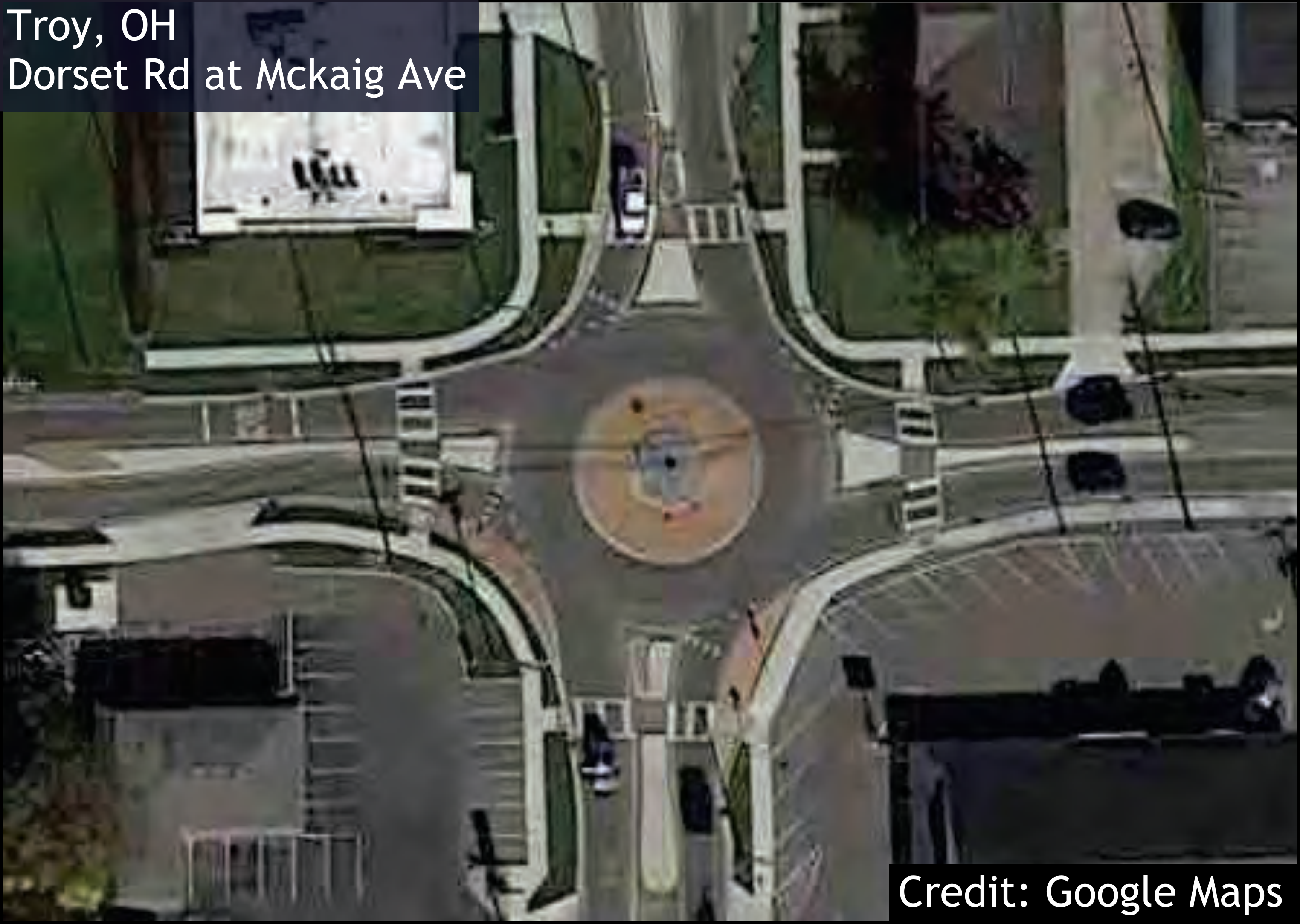 Aerial view of roundabout at Dorset Rd and Mckaig Ave in Troy, OH