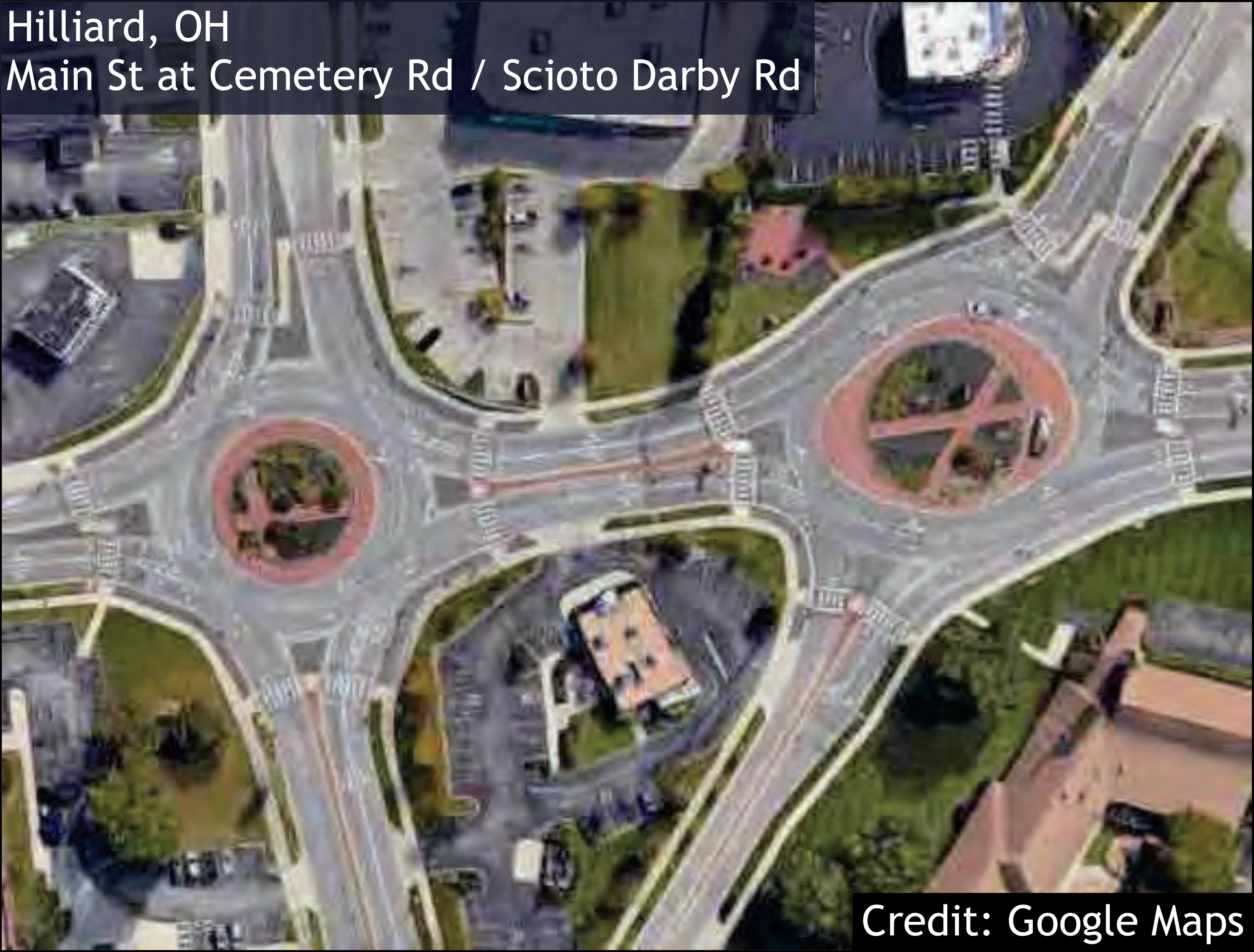 Aerial view of double roundabout at Main St, Cemetery Rd, and Scioto Darby Rd in Hilliard, OH