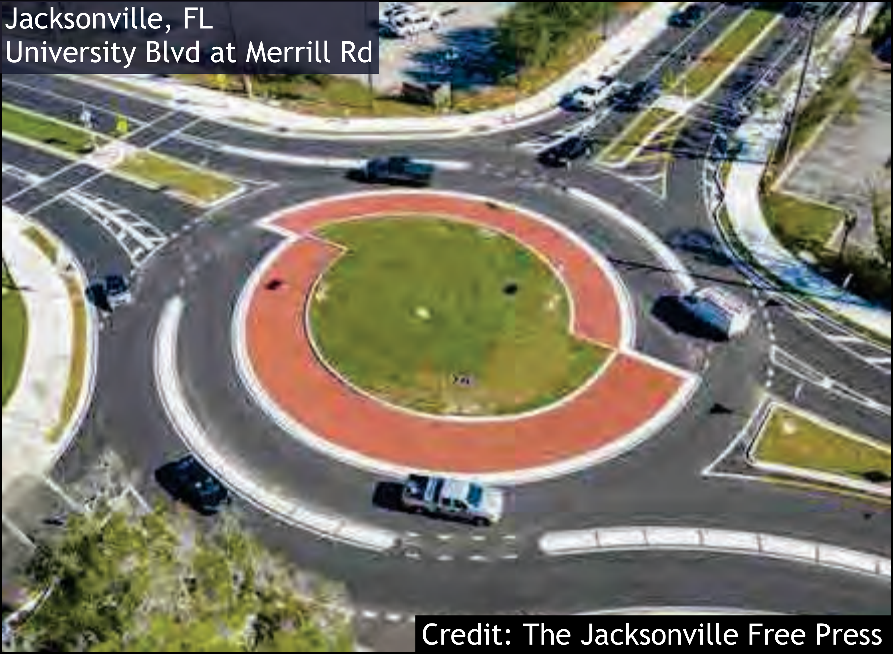 Aerial view of roundabout at University Blvd and Merrill Rd in Jacksonville, FL