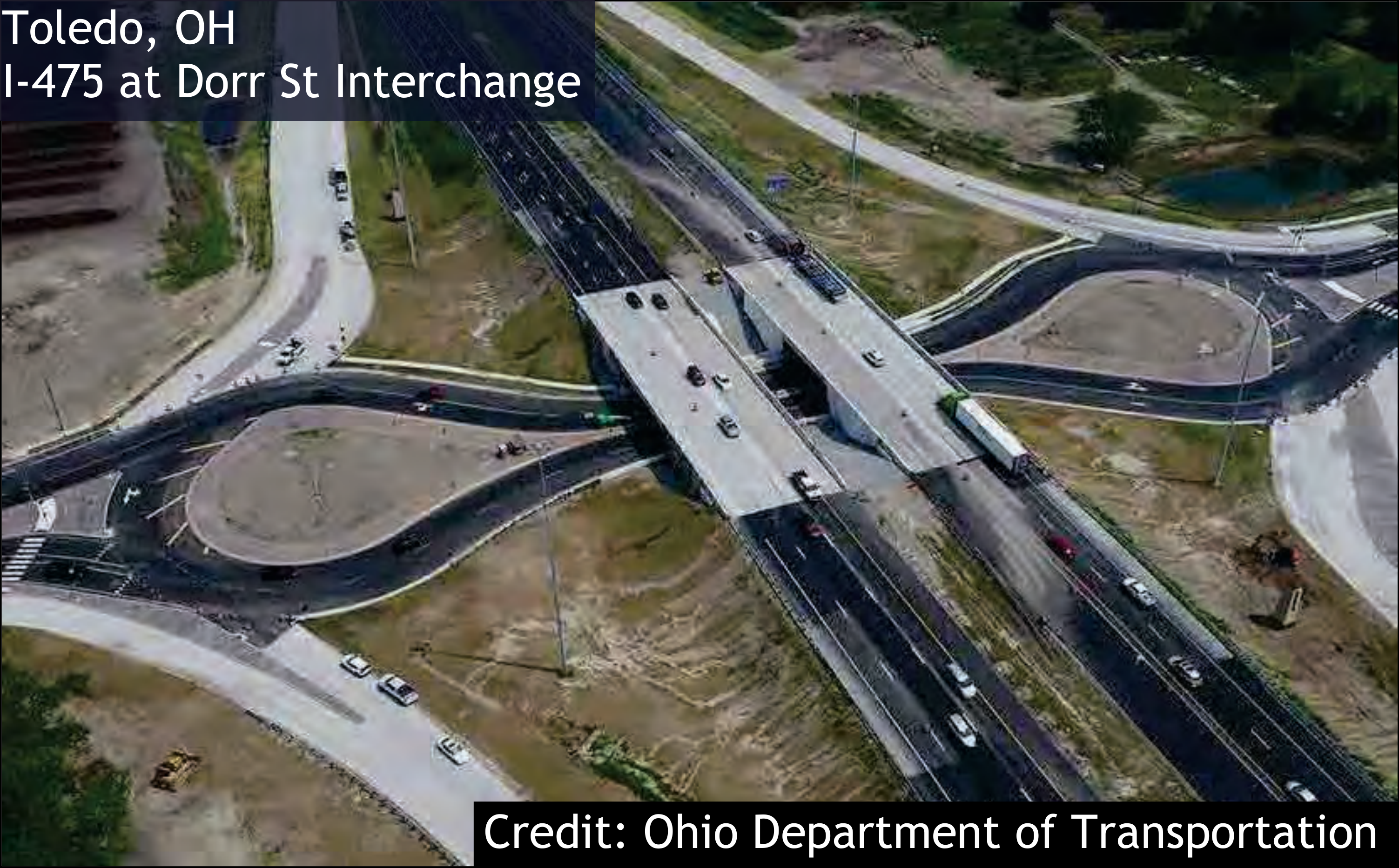 Aerial view of roundabout interchange at I-475 and Dorr St in Toledo, OH