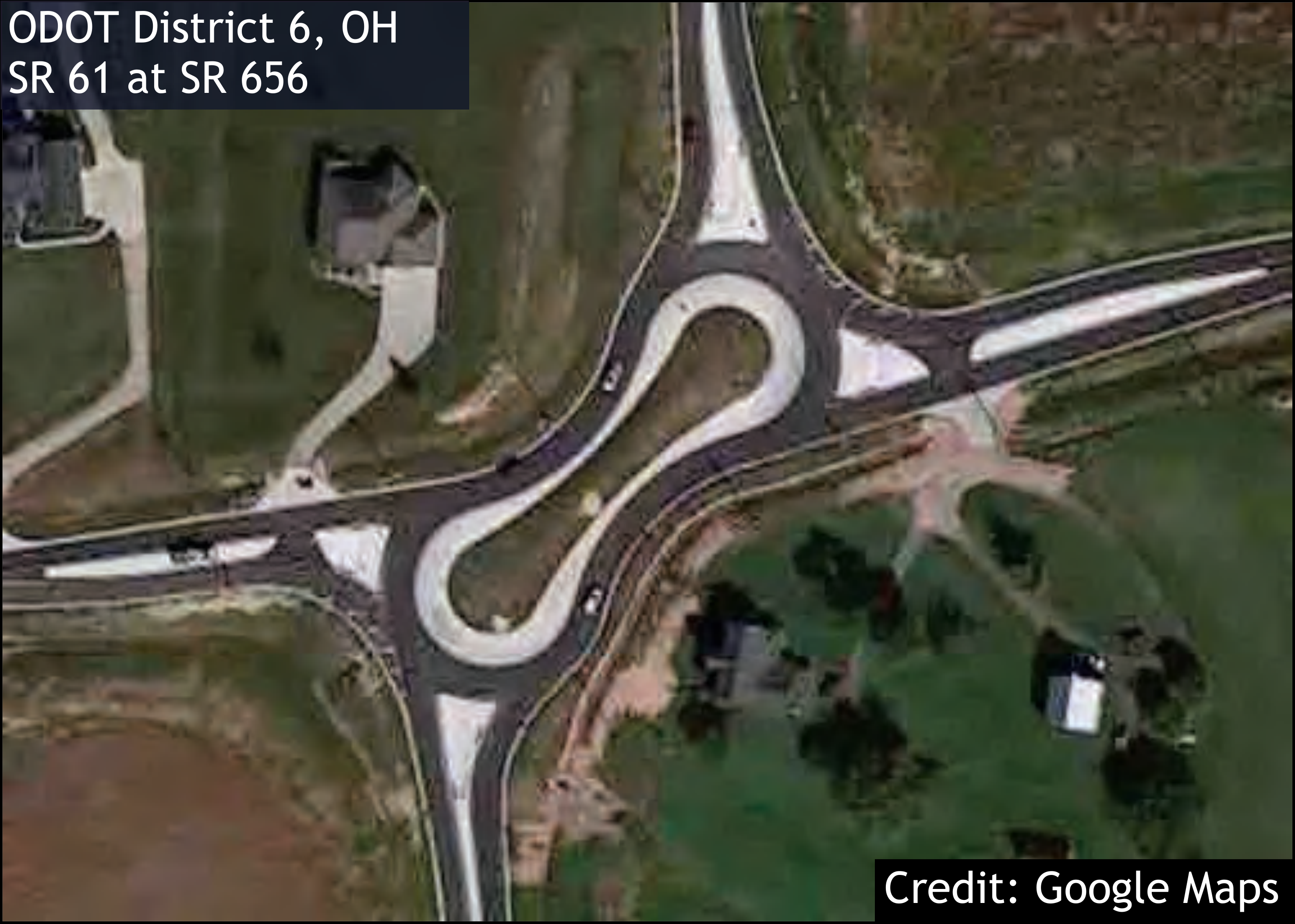 Aerial view of roundabout at SR 61 and SR 656 in ODOT District 6, OH