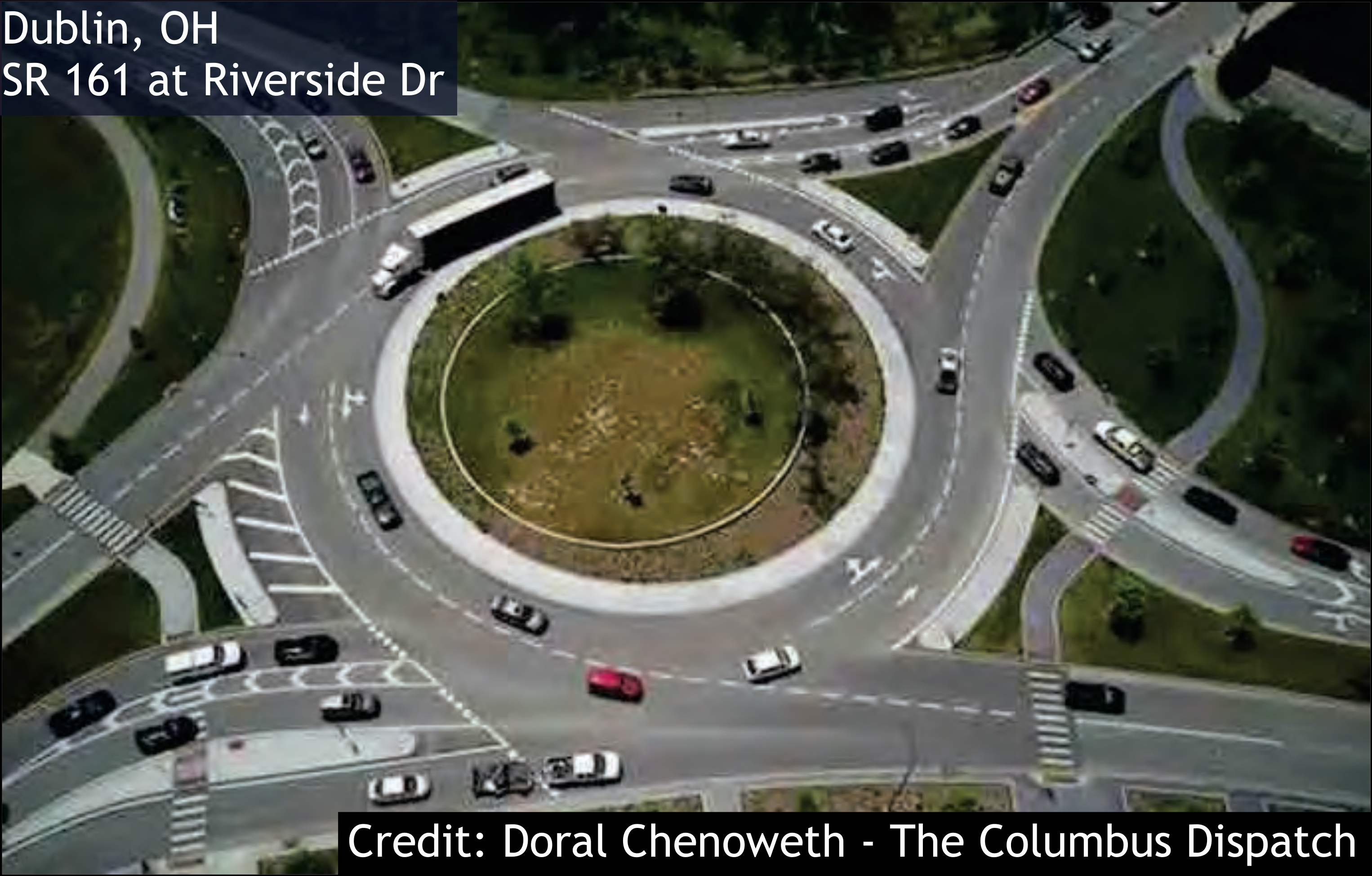 Aerial view of roundabout at SR 161 and Riverside Dr in Dublin, OH