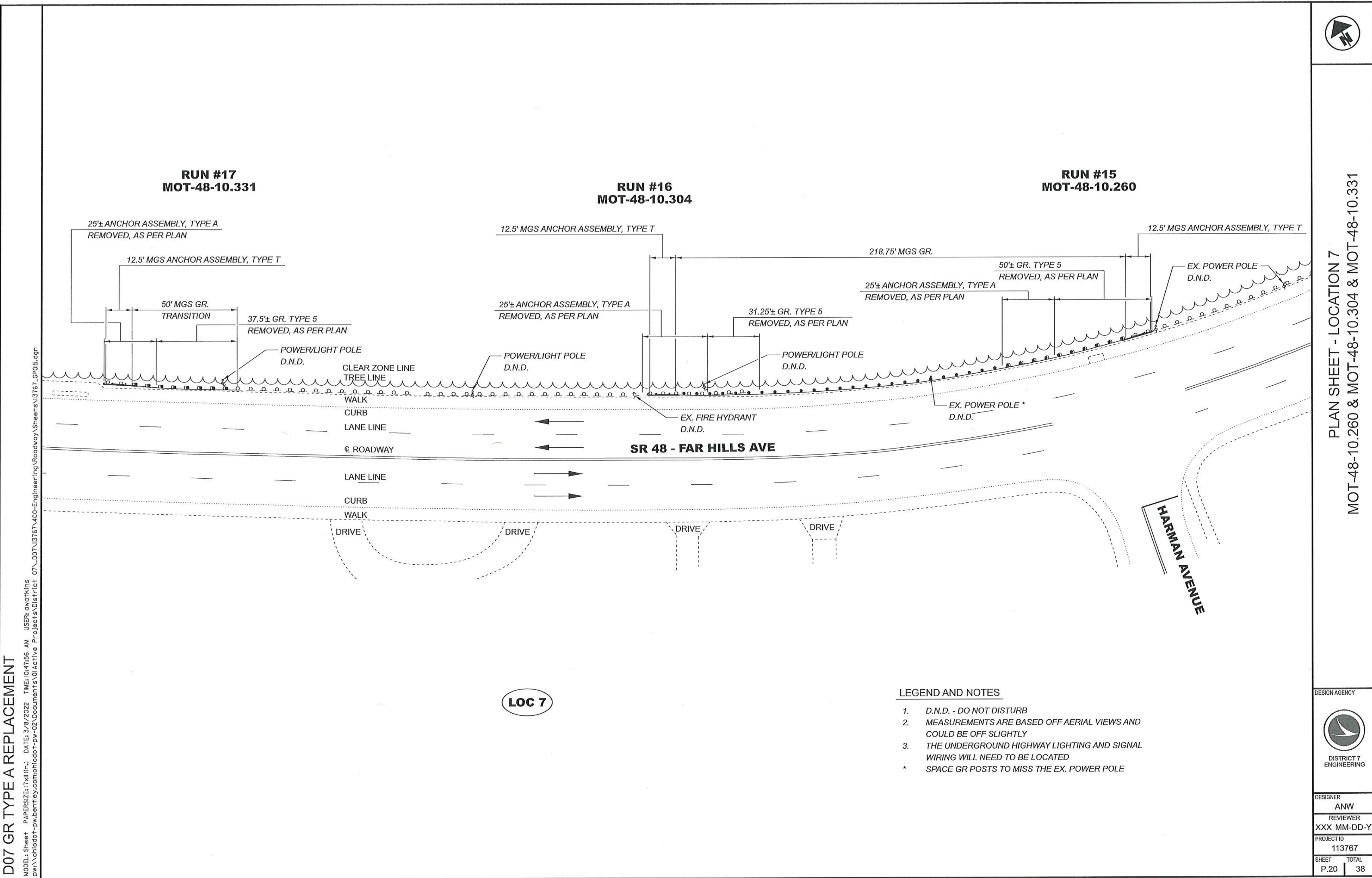 Engineering Plan Sheet - Location 7 showing guardrail runs #15, #16, and #17 along SR 48 - Far Hills Ave, including anchor assemblies, power poles, fire hydrant, Harman Avenue intersection, legend, and title block.