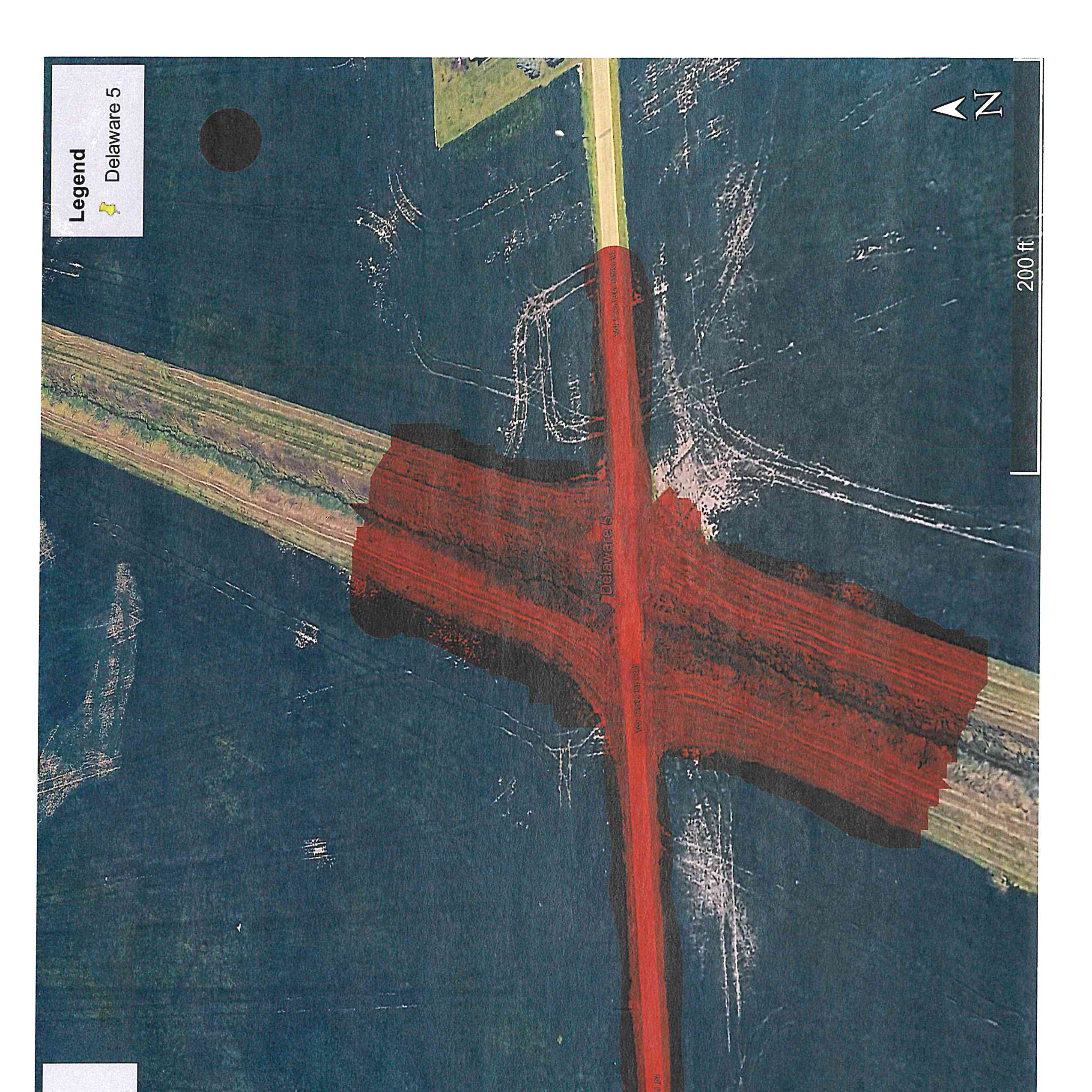 Google Earth aerial map exhibit showing Bridge 5 in Delaware County over West County Road 850 N highlighted in red with legend, north arrow, and 200 ft scale bar