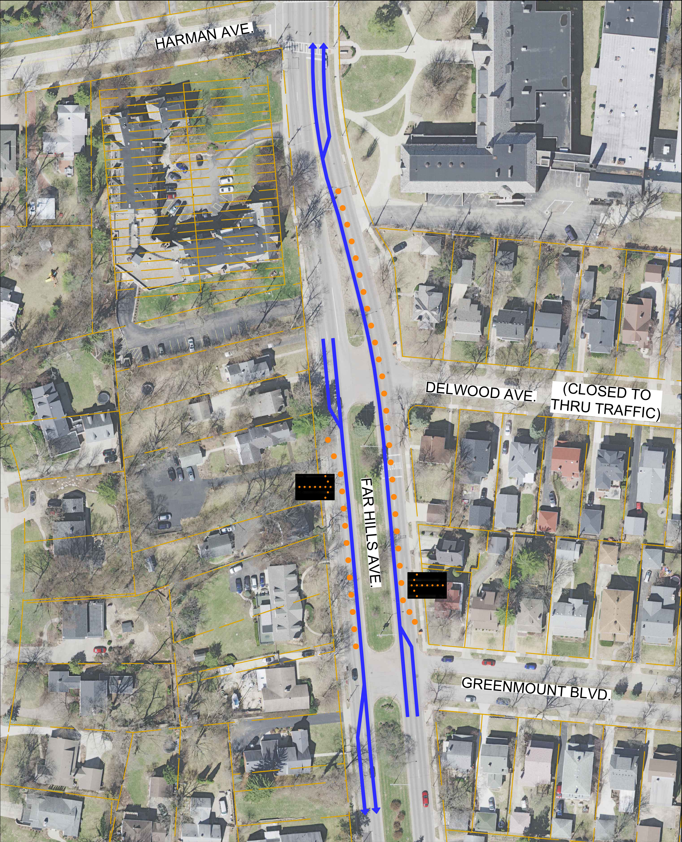 Aerial map showing Phase 1 Traffic Pattern for Far Hills Storm Sewer Reconstruction, detailing traffic lanes, street closures, and arrow sign positions on Far Hills Ave.