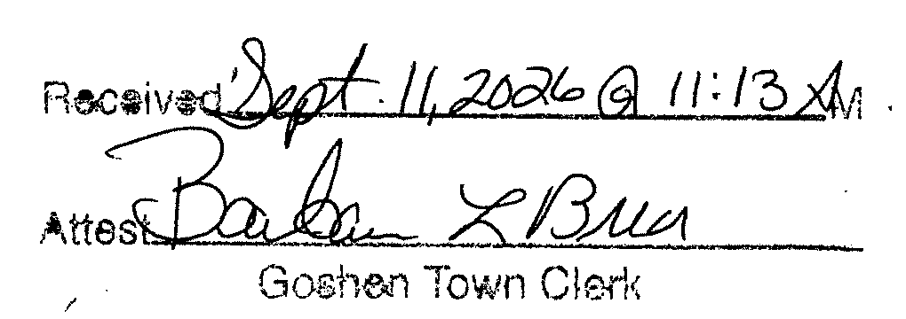 Town Clerk receipt stamp: Received Sept 11, 2026 @ 11:13 AM, Attest: Barbara L. Breor, Goshen Town Clerk
