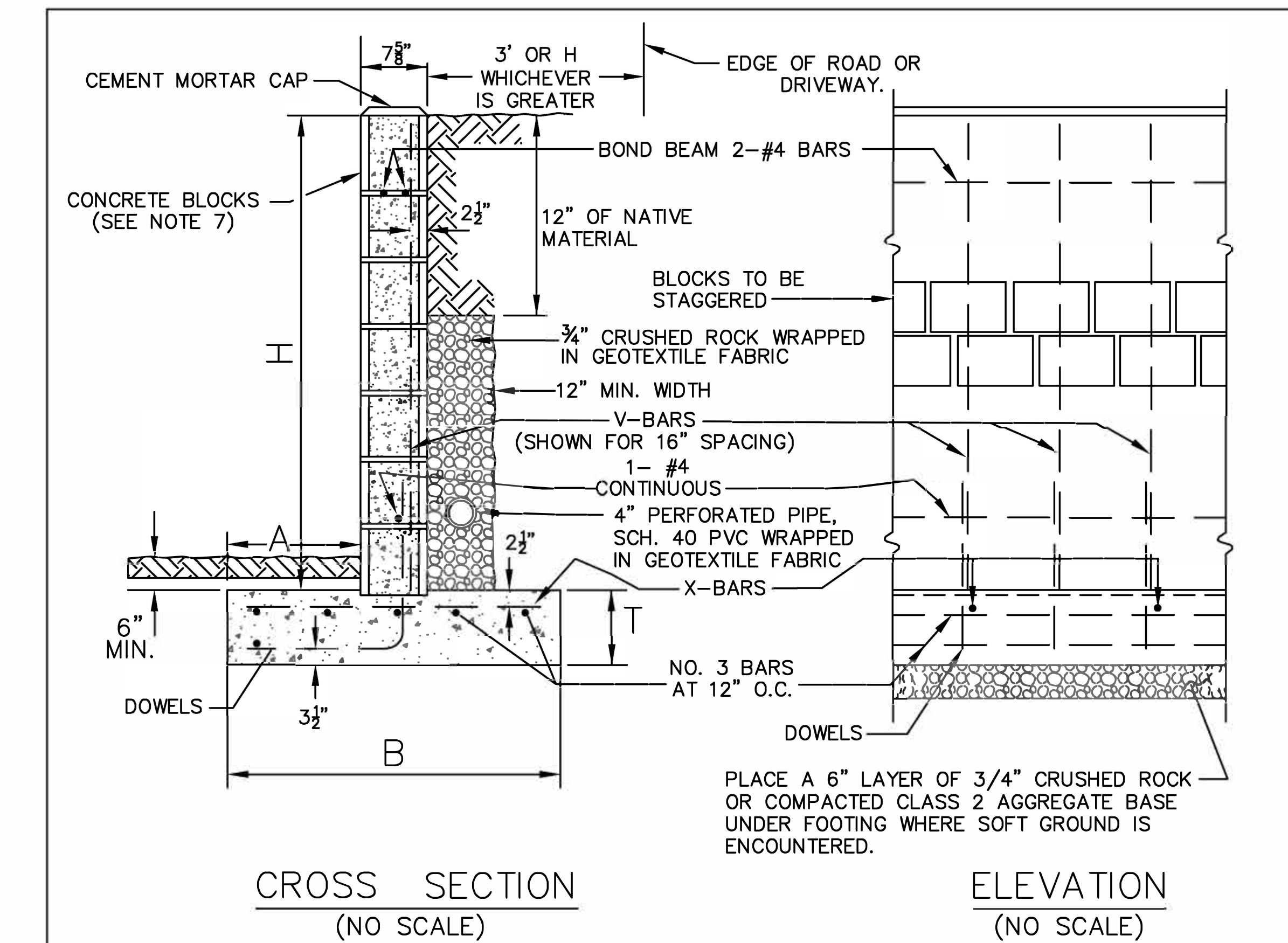 Cross Section and Elevation drawing of Retaining Wall Type A showing cement mortar cap, concrete blocks, crushed rock, and reinforcement details.