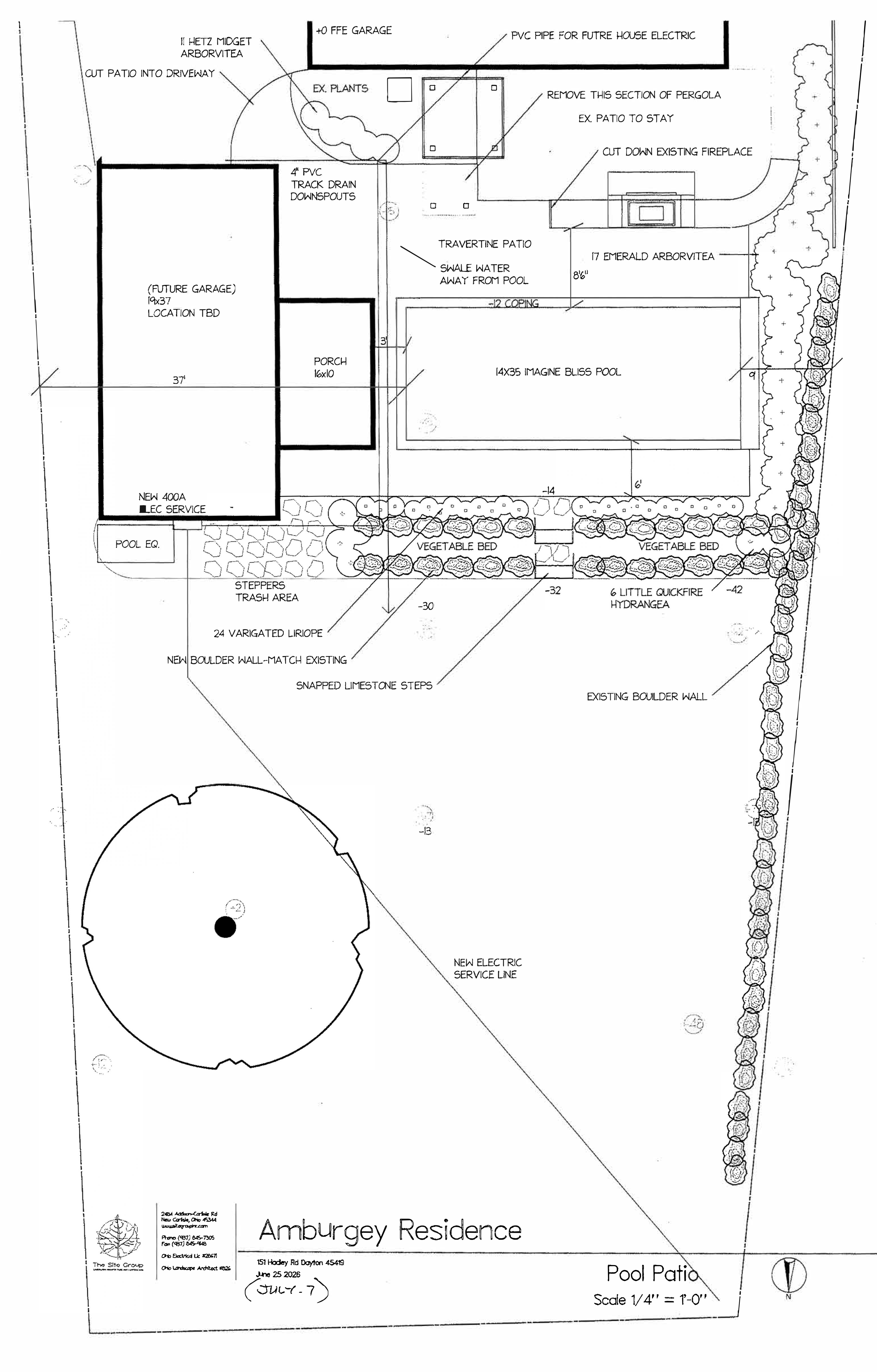 Architectural site and landscape plan for Amburgey Residence featuring a 14 by 35 foot Imagine Bliss pool, travertine patio, future garage, porch, boulder walls, limestone steps, vegetable beds, and landscaping.