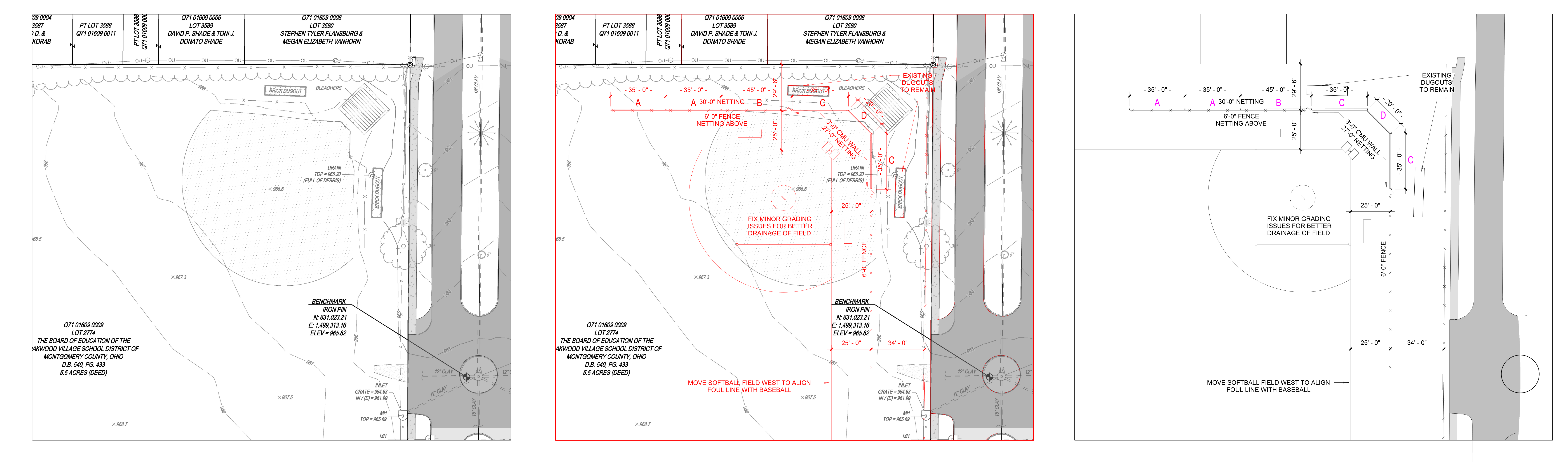 Site survey, grading alignment plan, and softball netting layout plan showing pole locations A, B, C, D with dimensions and alignments