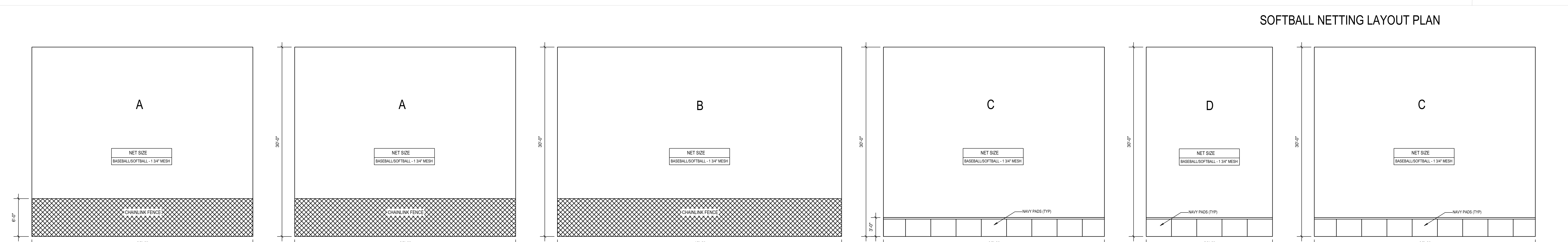 Softball netting elevation panels A, A, B, C, D, and C showing field side heights, chain link fencing, and padding