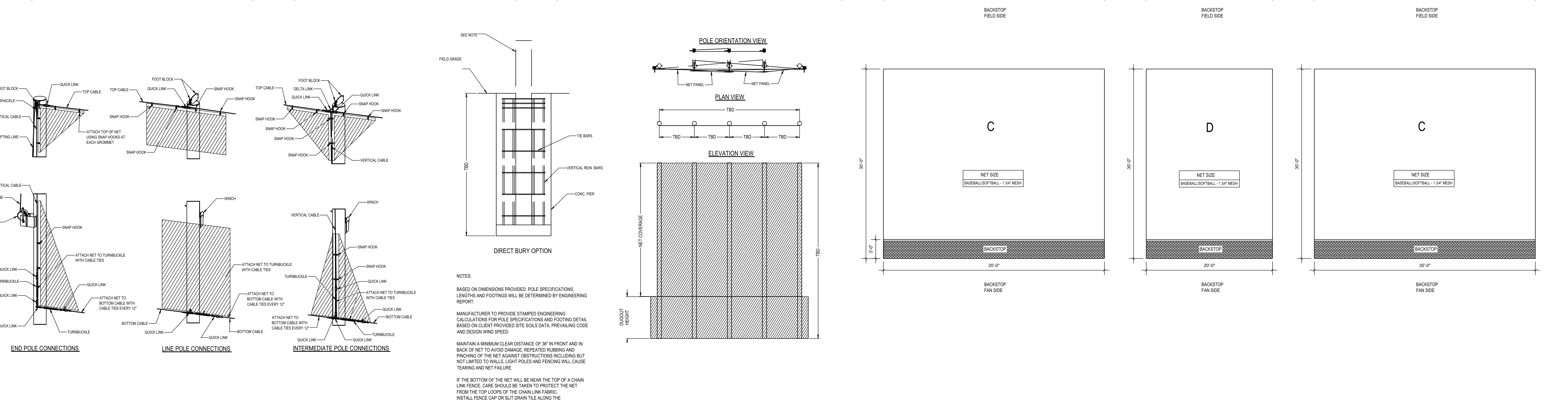 Structural connection details including end pole, line pole, intermediate pole, direct bury pier detail, pole orientation, and backstop fan side elevations