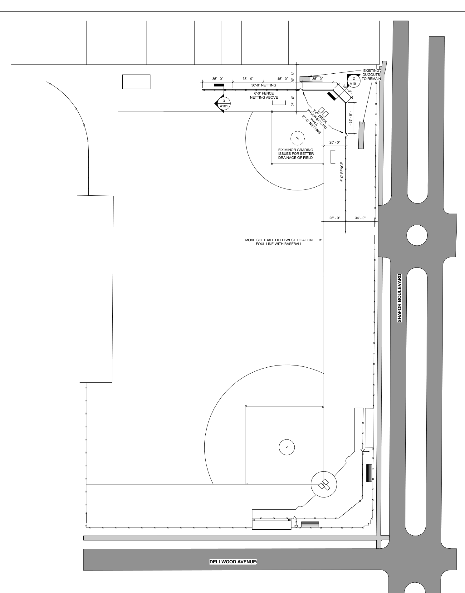 Field layout plan for softball field renovation showing outfield dimensions, fence and netting alignments, Shafor Boulevard to the east, and Dellwood Avenue to the south.