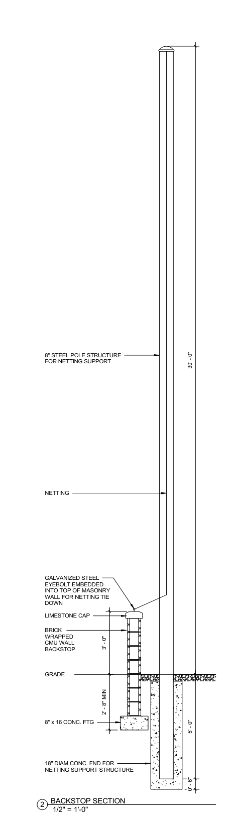 Cross-section detail 2: Backstop Section showing 30'-0