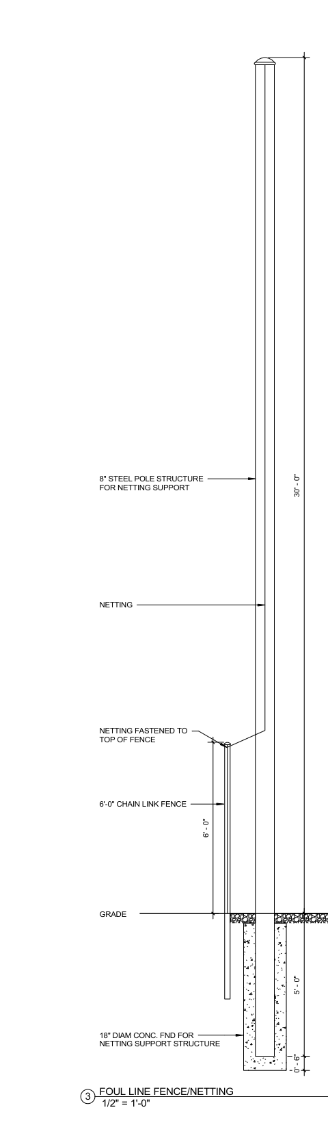 Cross-section detail 3: Foul Line Fence and Netting detail showing 30'-0