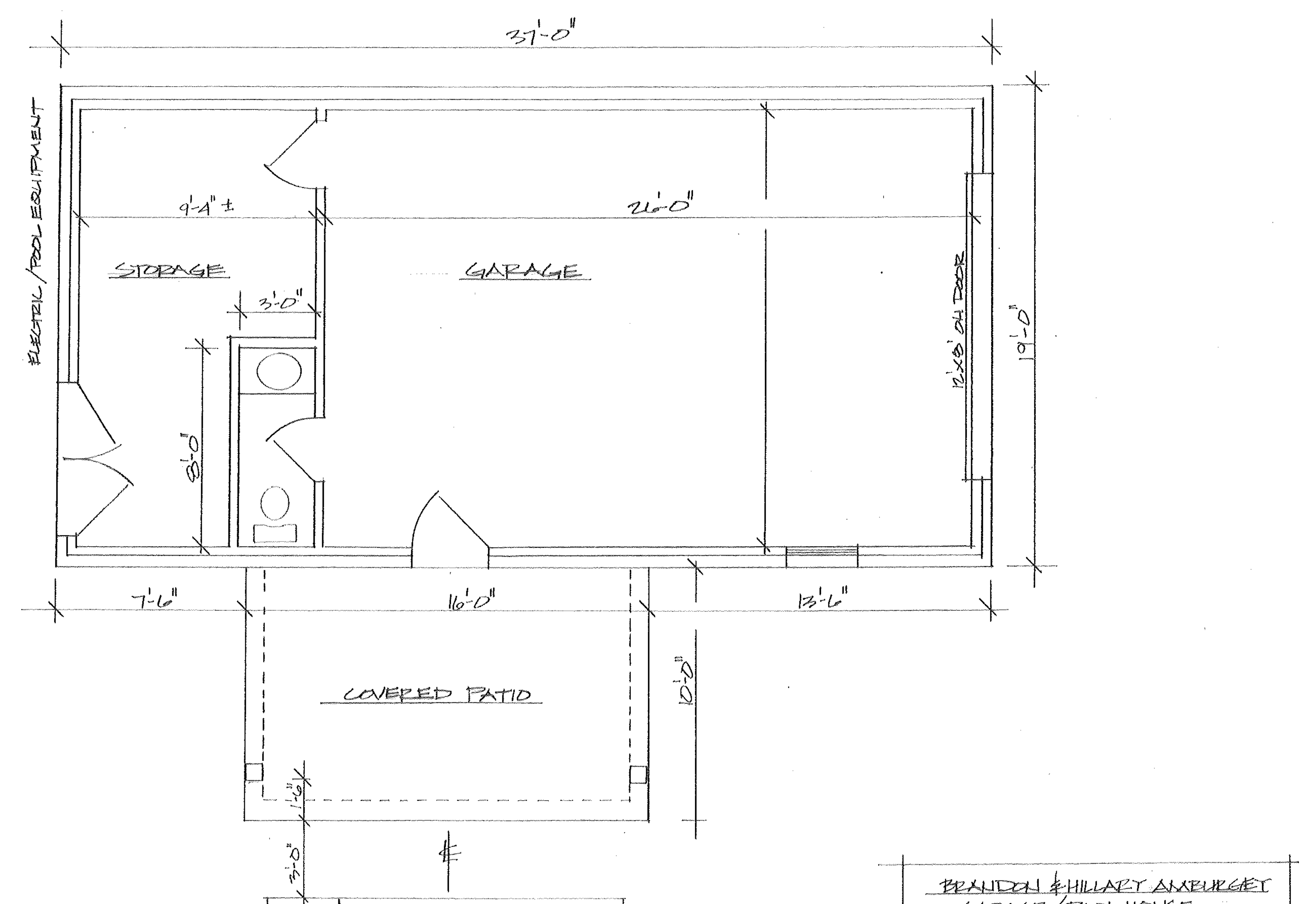 Architectural floor plan with the labelled areas STORAGE, GARAGE, and COVERED PATIO, dimension lines, door symbols, and fixture symbols
