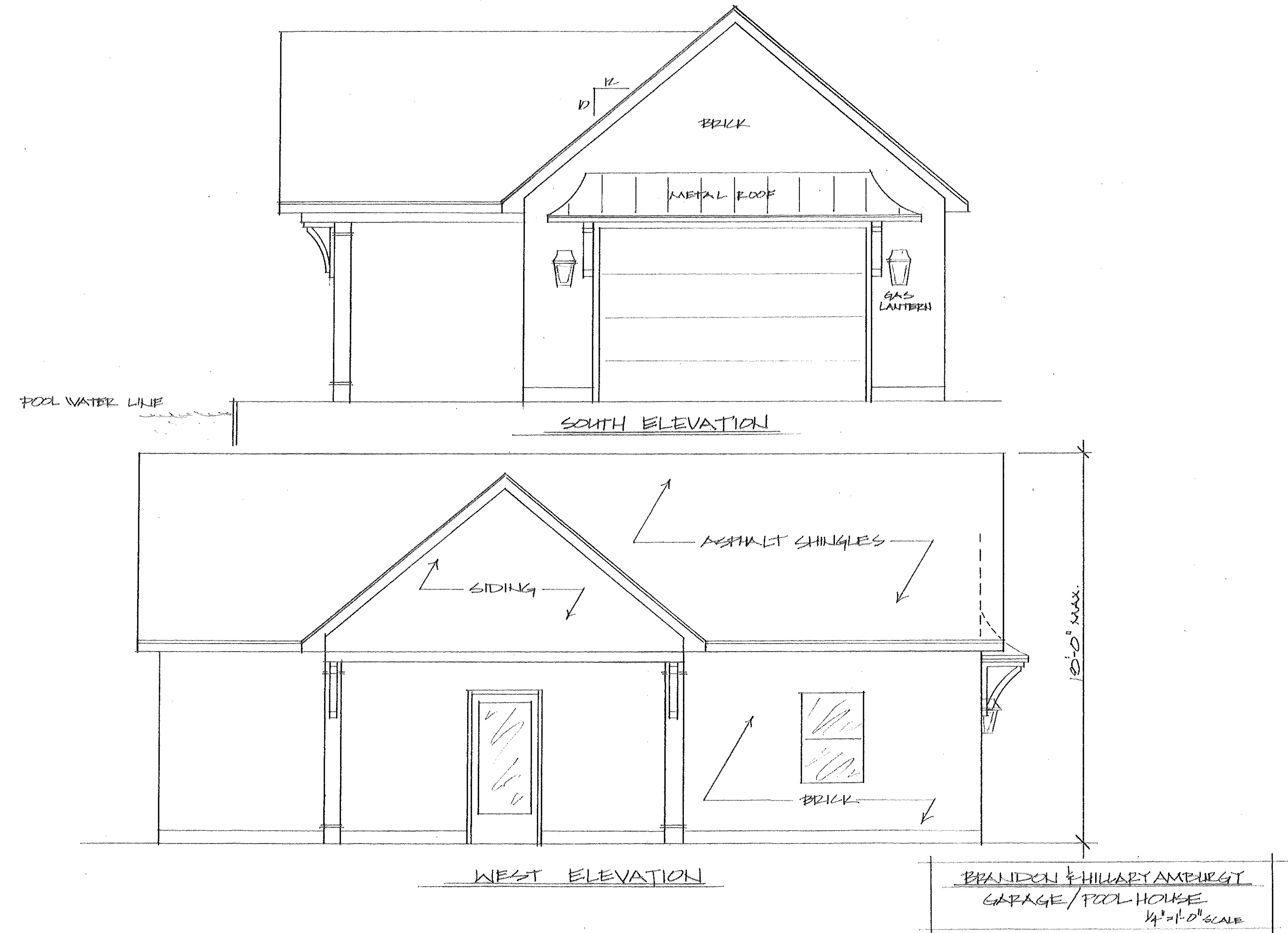 Architectural elevation drawings for Brandon and Hillary Amburgy Garage / Pool House, showing South Elevation and West Elevation with material specifications and 18'-0" maximum height dimension.