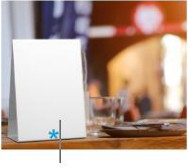 Example of an allergen notification on a white table tent placed on a dining table with an indicator line