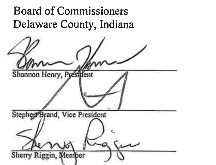 Board of Commissioners Delaware County, Indiana signatures block (Shannon Henry, President; Stephen Brand, Vice President; Sherry Riggin, Member)