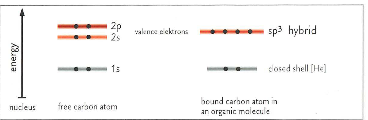 Energy level diagram illustrating the formation of sp3 hybrid orbitals from 2s and 2p orbitals.