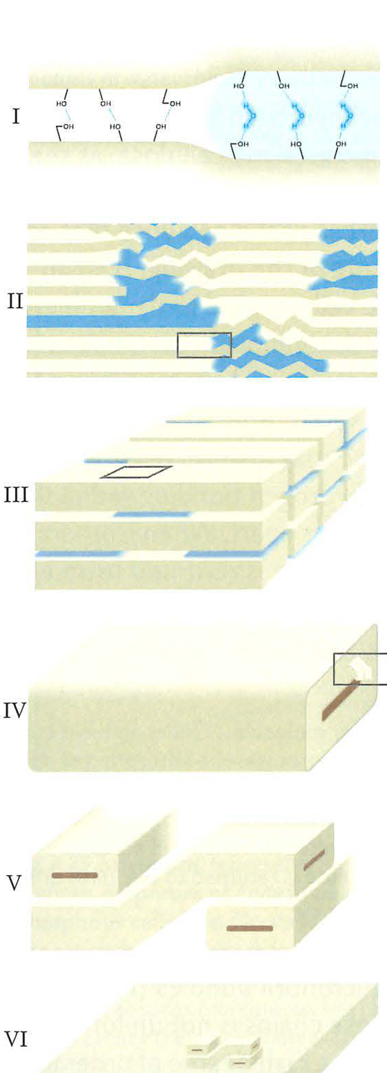 Model of the structural levels of paper (Fig. 4.16) showing levels I to VI from cellulose molecule to paper macrostructure.