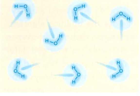 Diagram showing water molecules in a gaseous state moving independently in a light yellow space.