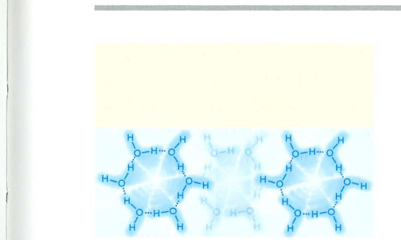 Diagram showing water molecules in a six-membered ring structure of ice.