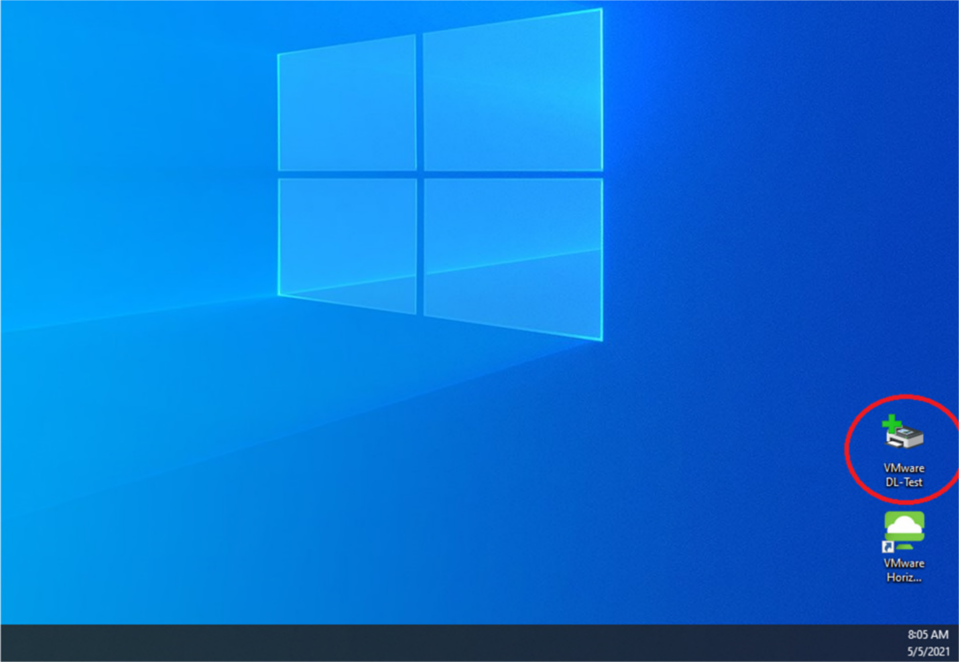 Windows desktop showing VMware DL-Test folder shortcut highlighted with a red circle