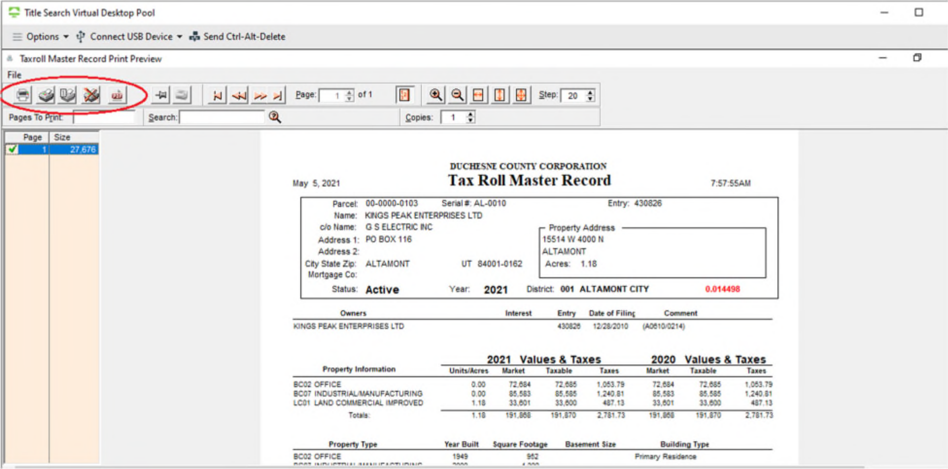 Taxroll Master Record Print Preview window showing PDF printing icon highlighted