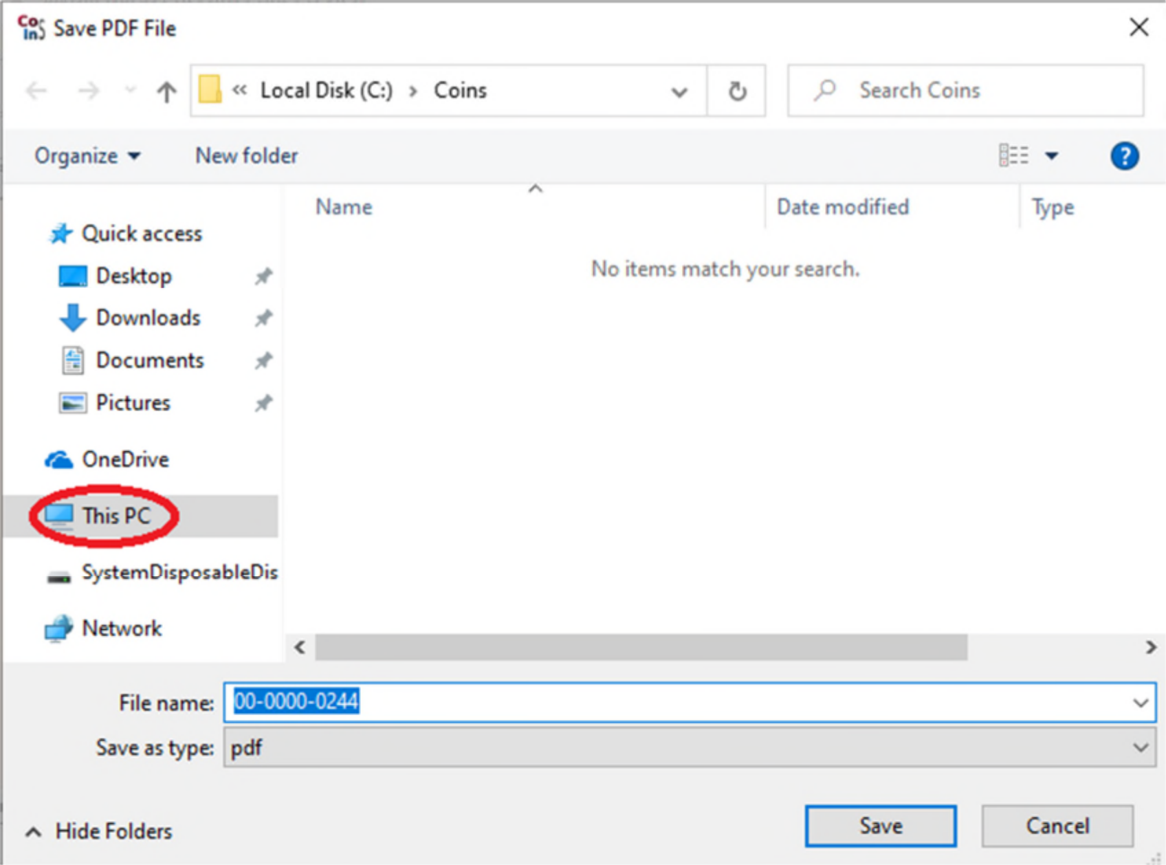 Save PDF File dialog window showing This PC selected under navigation pane