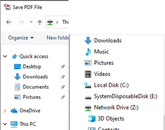 Save PDF File navigation window showing Quick access and Network Drive