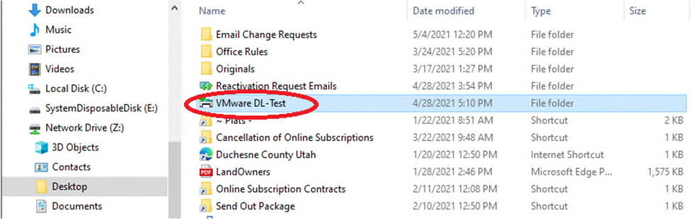 File Explorer showing VMware DL-Test destination folder highlighted