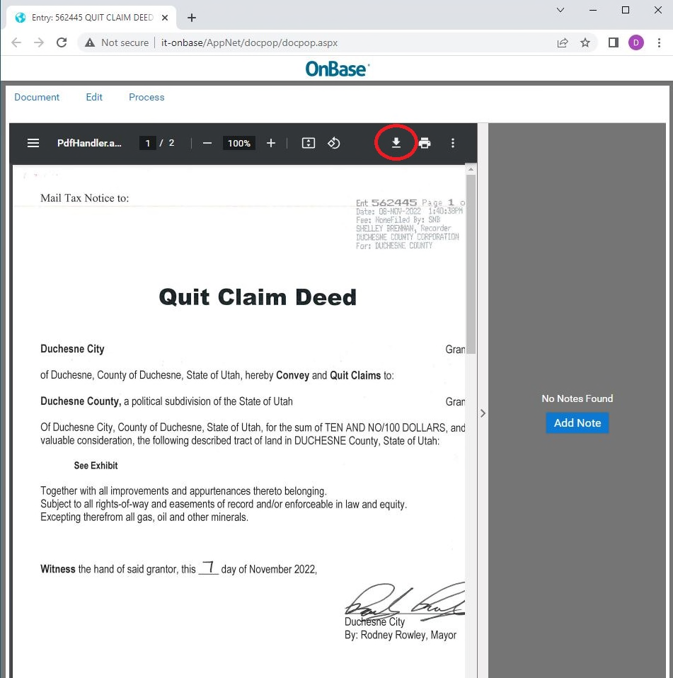 OnBase interface displaying Quit Claim Deed document with download arrow icon circled in red