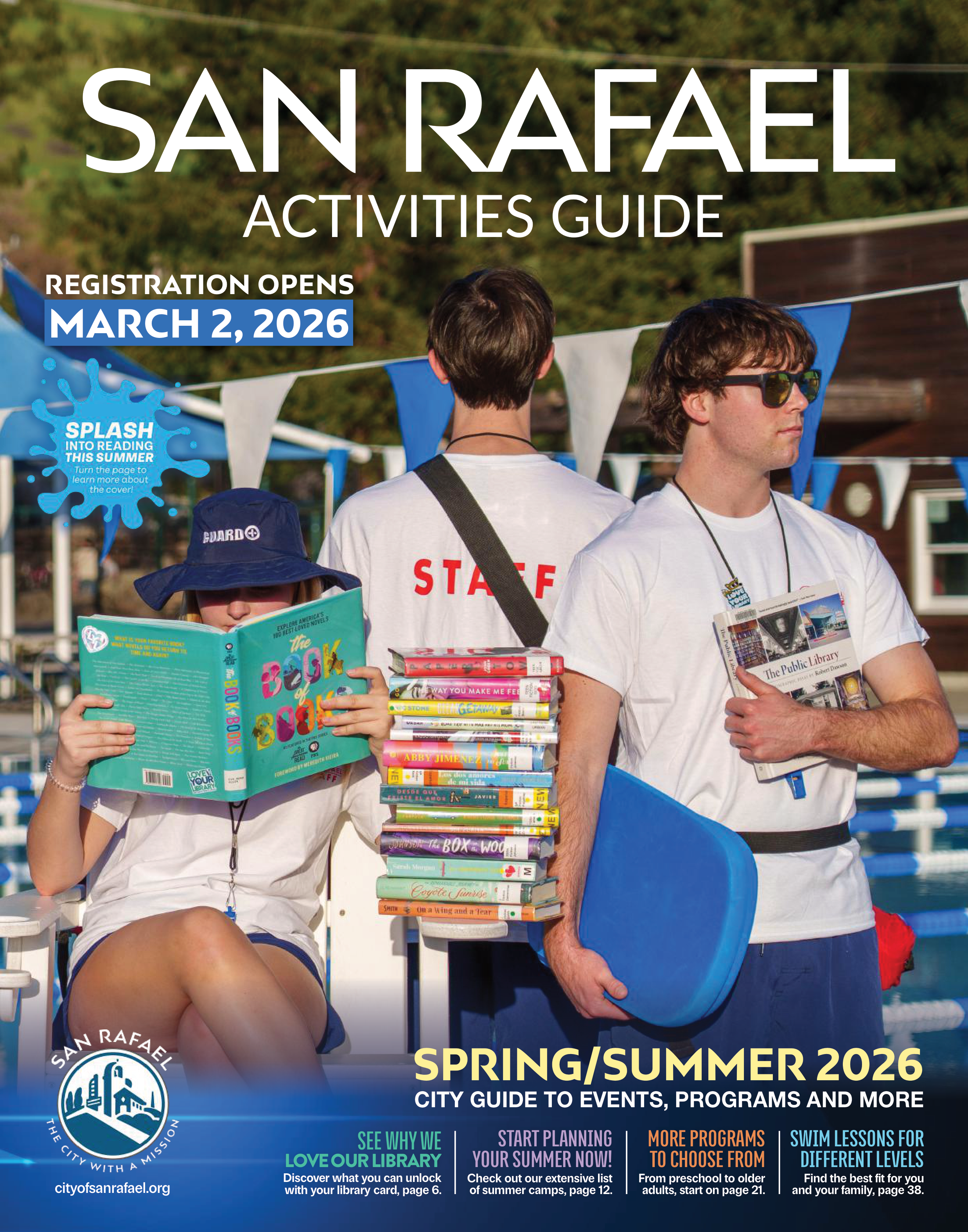 Cover of the San Rafael Activities Guide Spring/Summer 2026 featuring staff and readers at the Terra Linda Community Center and Pool.