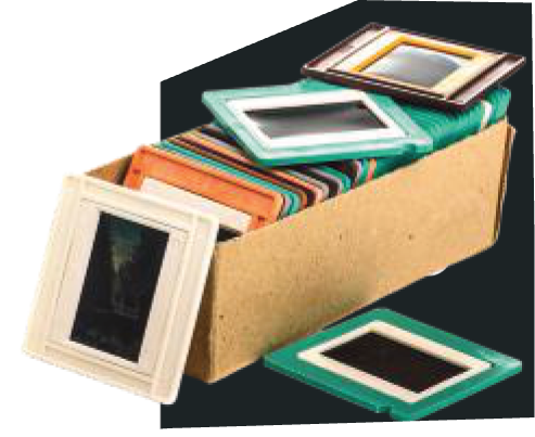 Box of family slides prepared for digitization.
