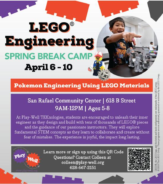 LEGO Engineering Spring Break Camp flyer featuring a young boy building robots. The camp runs April 6-10 and features Pokemon Engineering using LEGO materials at the San Rafael Community Center for ages 5-8.