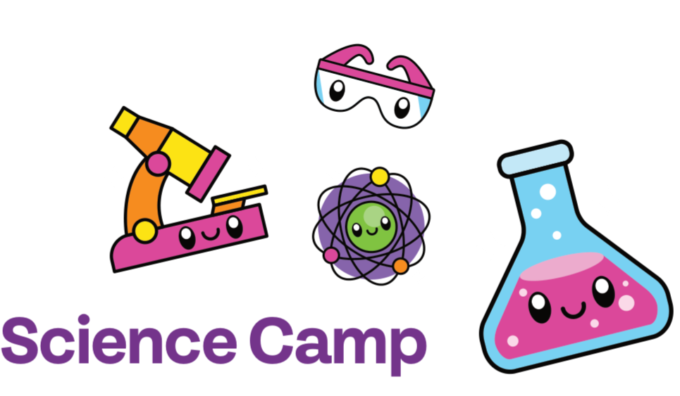 Decorative icons including a microscope, atom, beaker, and sunglasses for the Science Camp section.