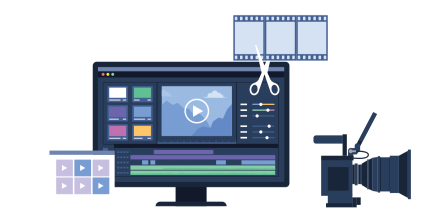 Graphic showing a computer monitor and a video camera.