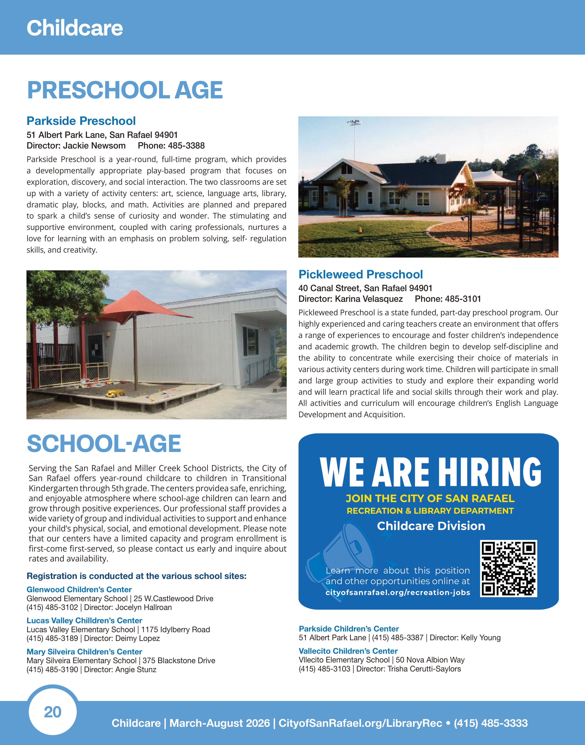 Original childcare programs page from the San Rafael Activities Guide.