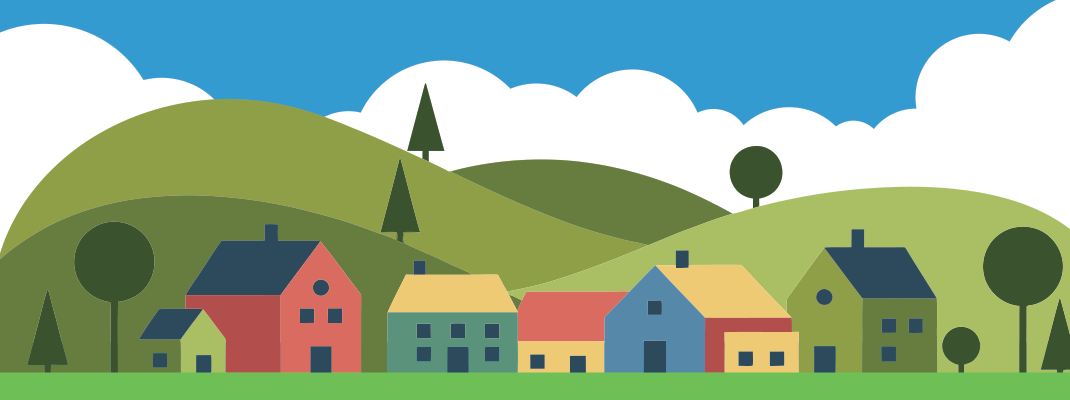 Decorative illustration of a green neighborhood with several colorful houses and trees.